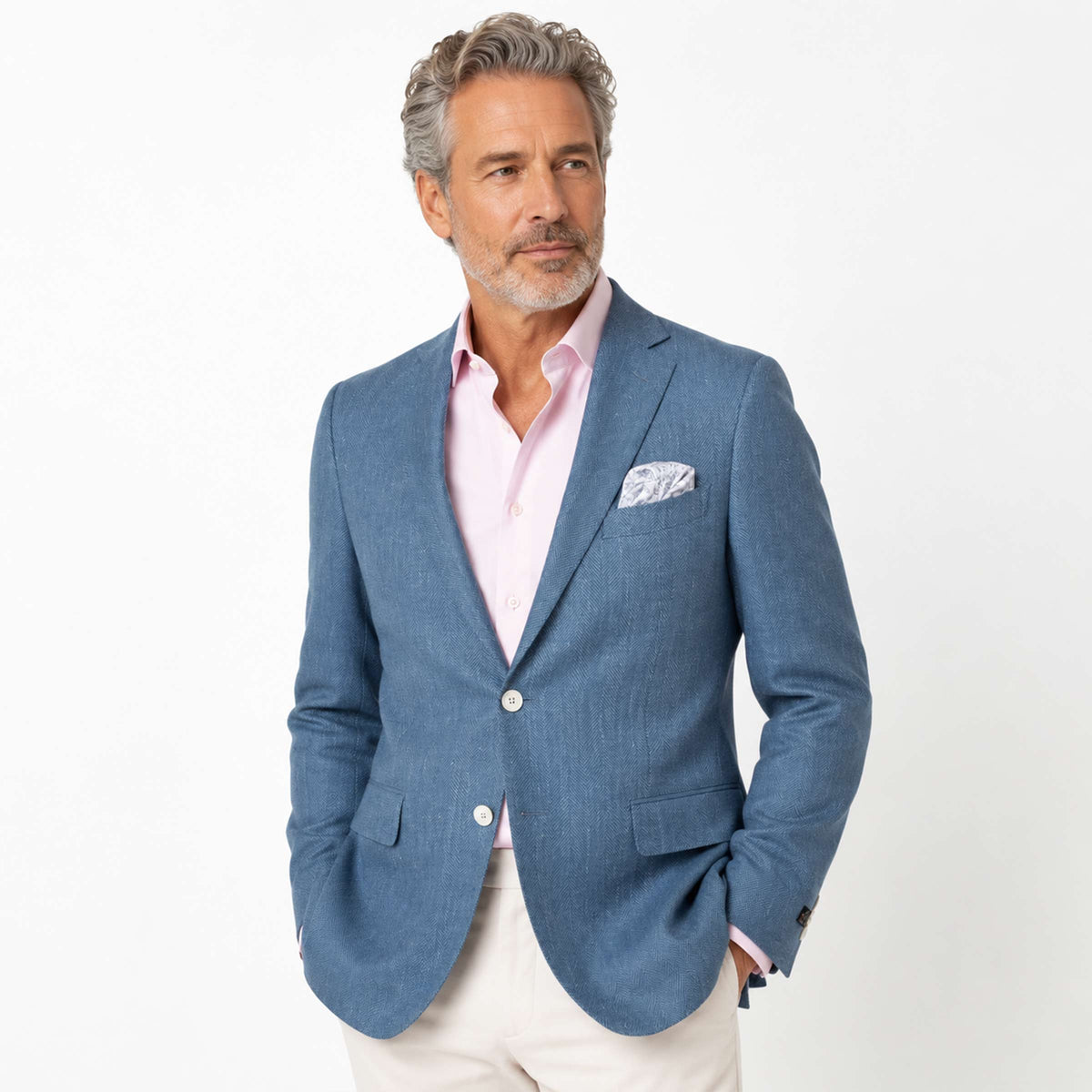 Mid Blue Herringbone Wool & Linen Jacket JACKETS Robert Old