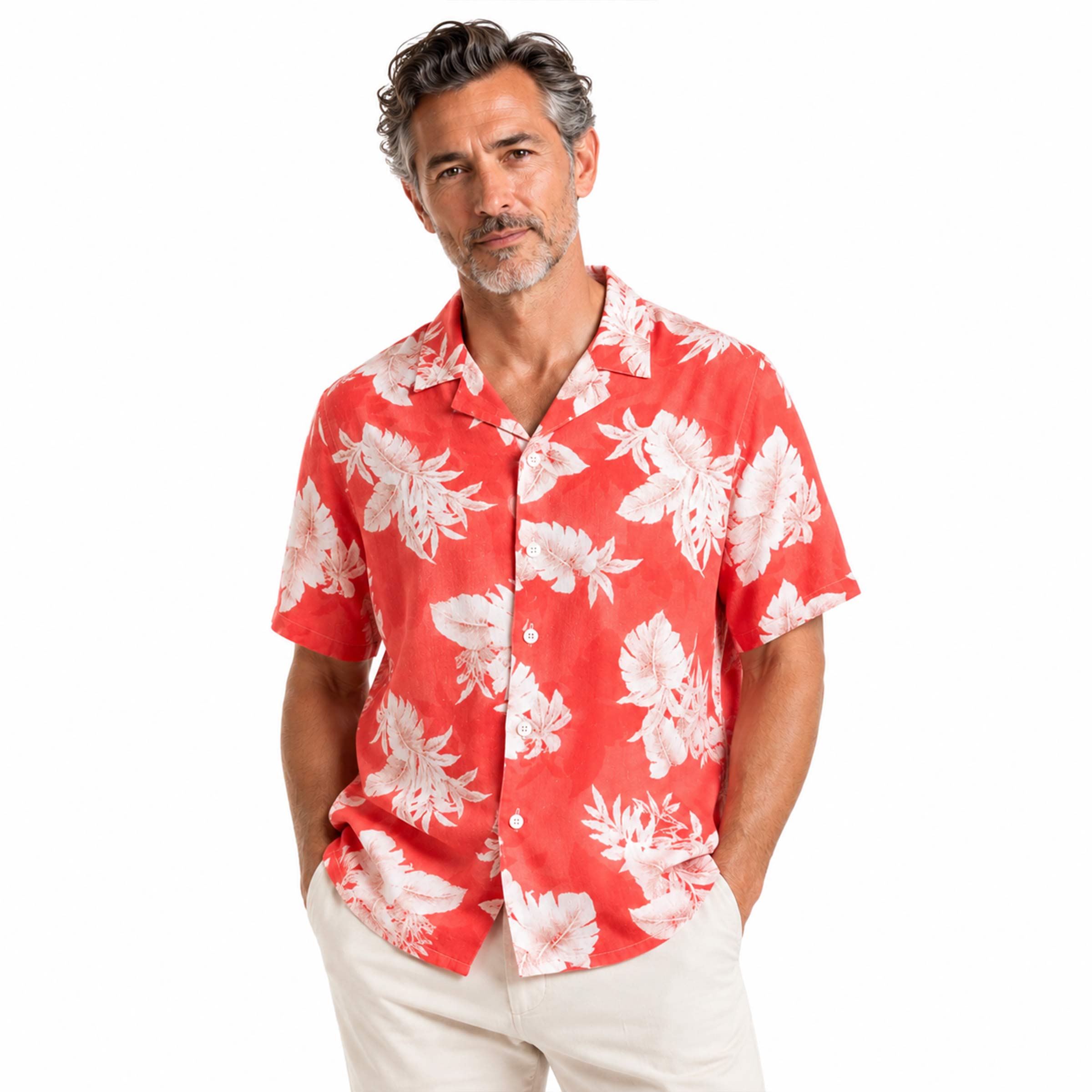 Robert Old - Red Floral Print 100% Linen Resort Shirt S/S SHIRTS Robert Old