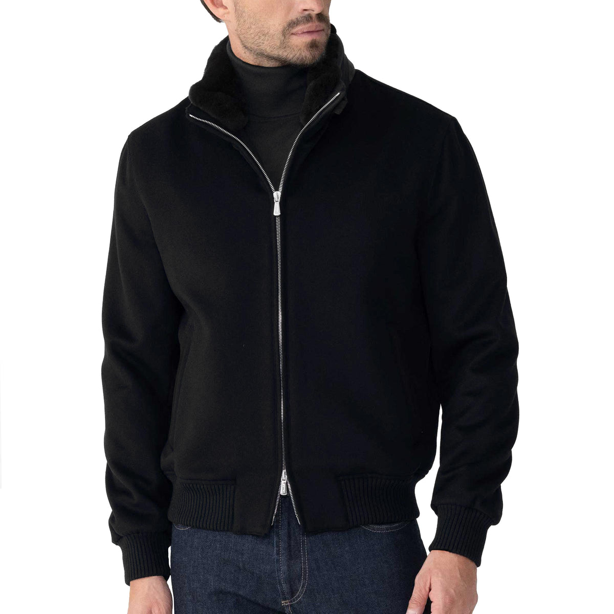 Black Pure Cashmere Water Repellent Italian Bomber Jacket BLOUSONS Robert Old