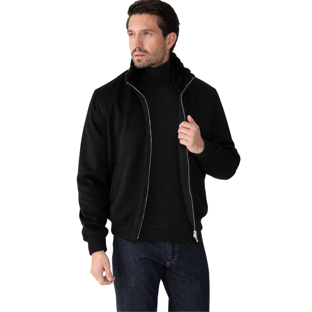 Black Pure Cashmere Water Repellent Italian Bomber Jacket BLOUSONS Robert Old