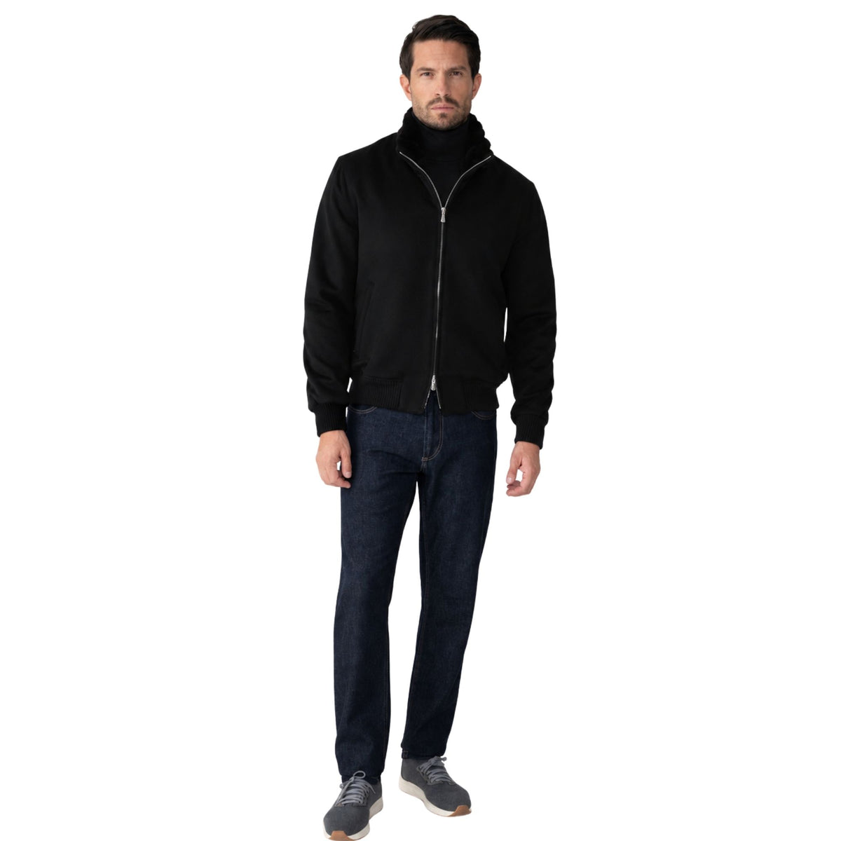 Black Pure Cashmere Water Repellent Italian Bomber Jacket BLOUSONS Robert Old