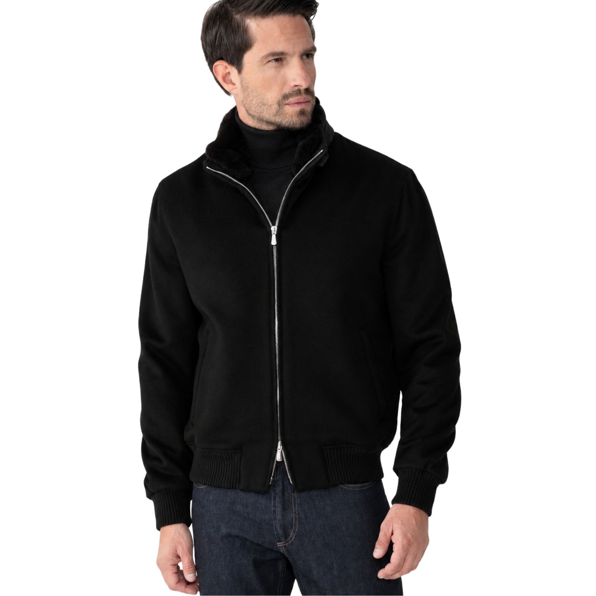Black Pure Cashmere Water Repellent Italian Bomber Jacket BLOUSONS Robert Old