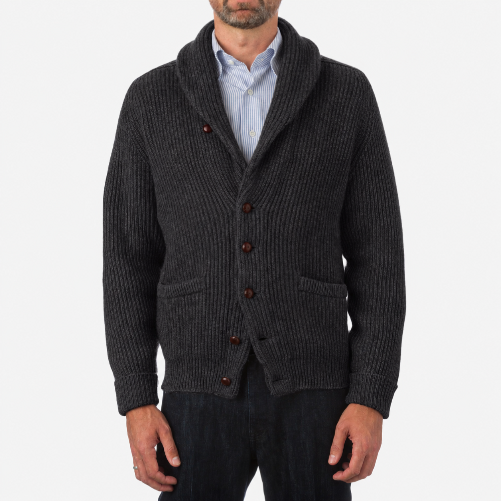 Robert Old - Charcoal Grey Colonial 8ply Cashmere Shawl Cardigan CASHMERE Robert Old