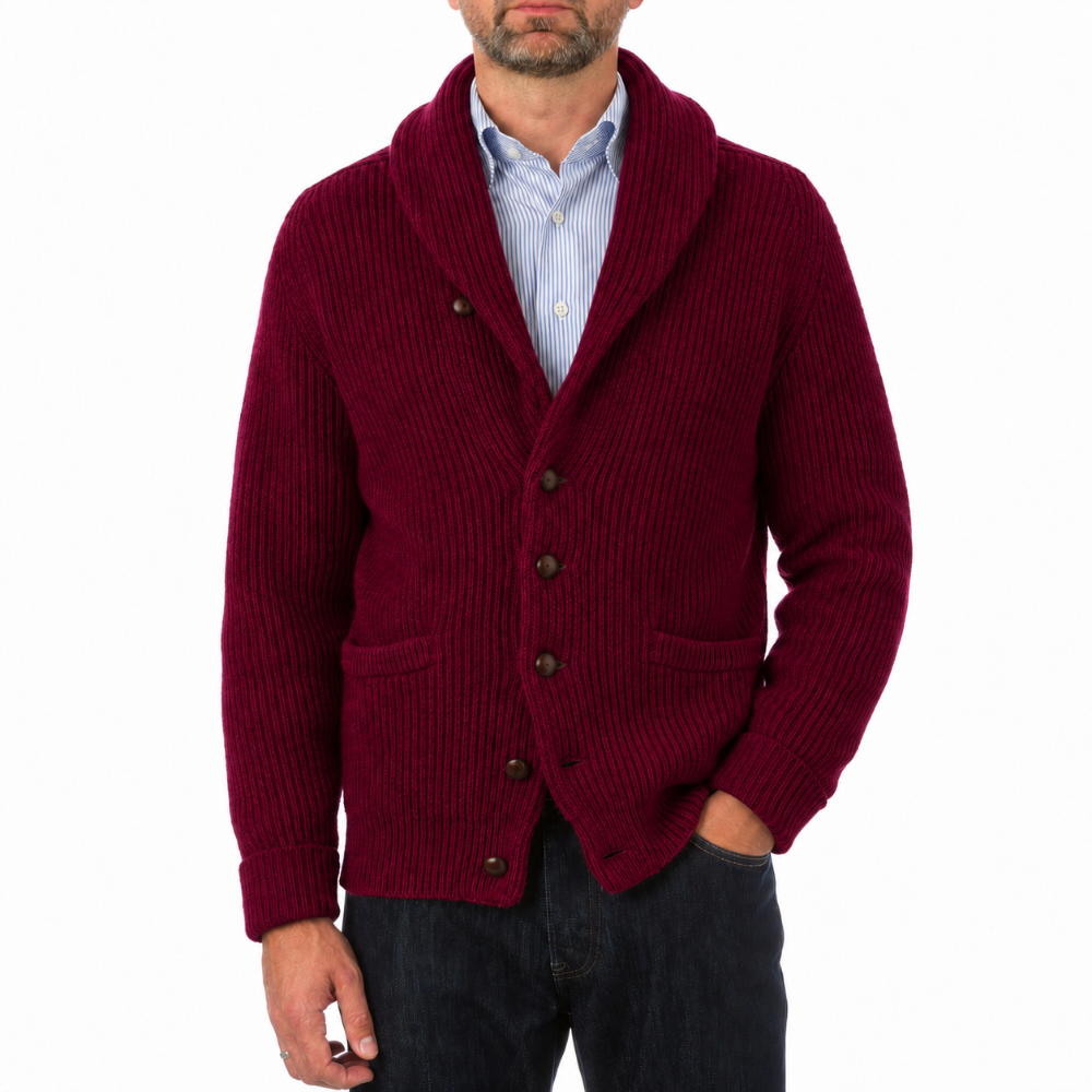 Robert Old - Claret Red Colonial 8ply Cashmere Shawl Cardigan CASHMERE Robert Old