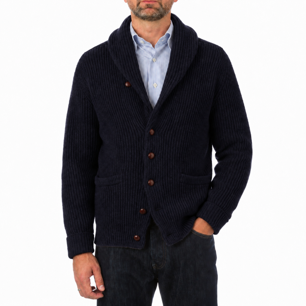 Robert Old - Dark Navy Colonial 8ply Cashmere Shawl Cardigan CASHMERE Robert Old