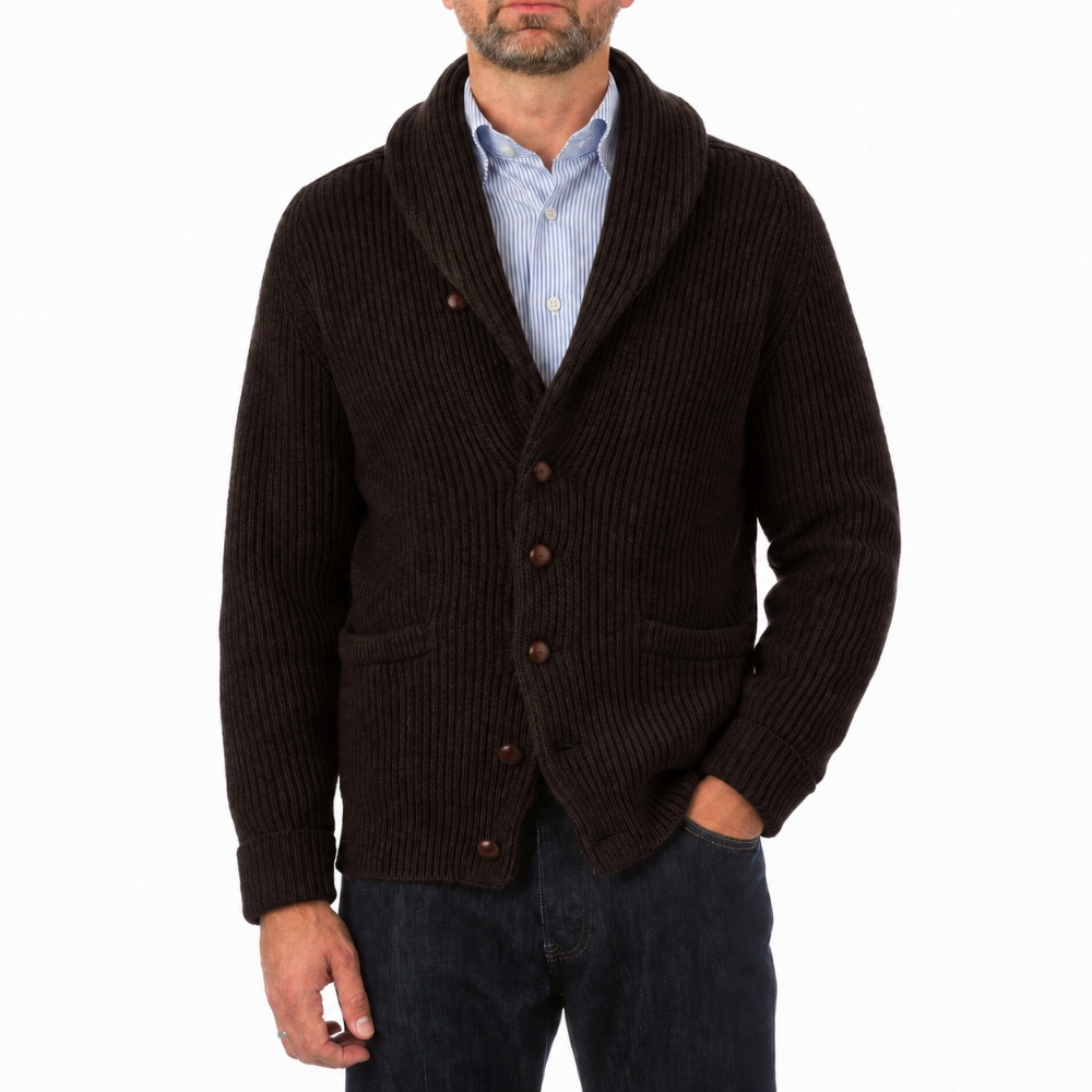 Robert Old - Ebony Brown Colonial 8ply Cashmere Shawl Cardigan CASHMERE Robert Old