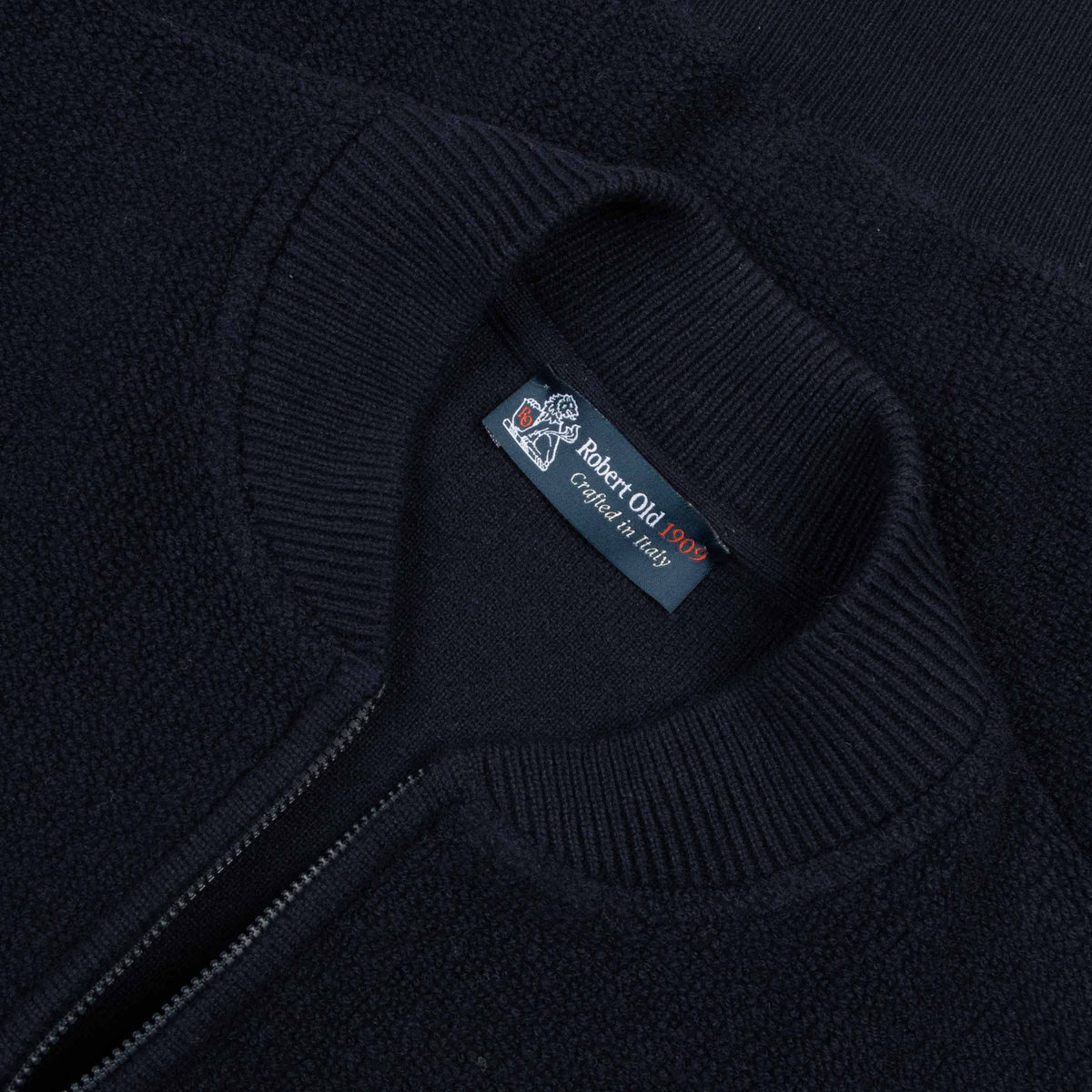Navy Wool &amp; Cashmere Bouclé Zip Bomber Cardigan KNITWEAR Robert Old