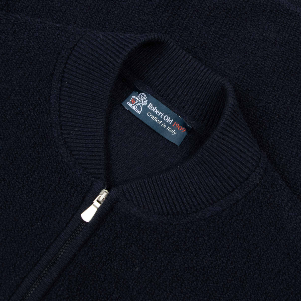 Navy Wool &amp; Cashmere Bouclé Zip Bomber Cardigan KNITWEAR Robert Old