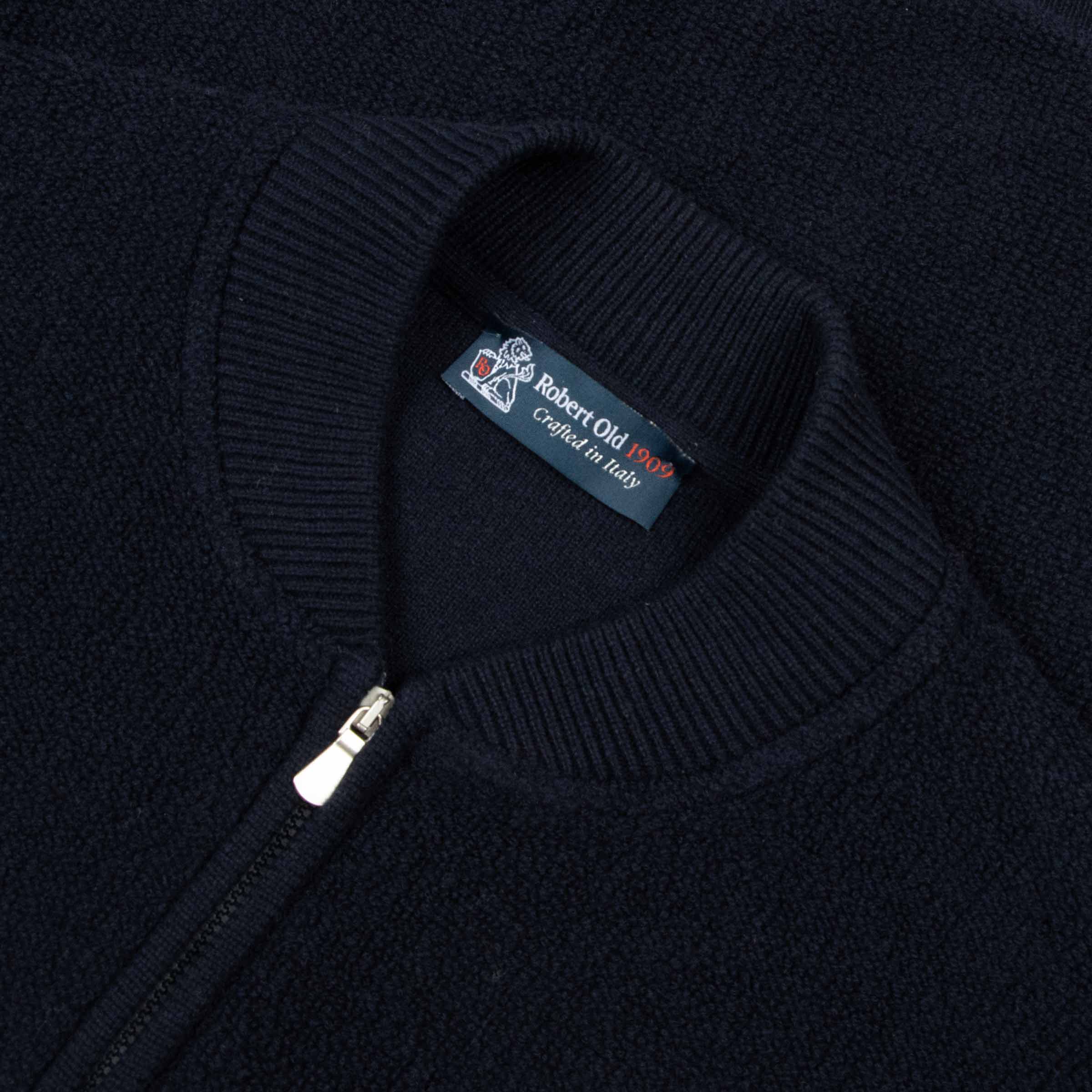 Robert Old - Navy Wool & Cashmere Bouclé Zip Bomber Cardigan KNITWEAR Robert Old