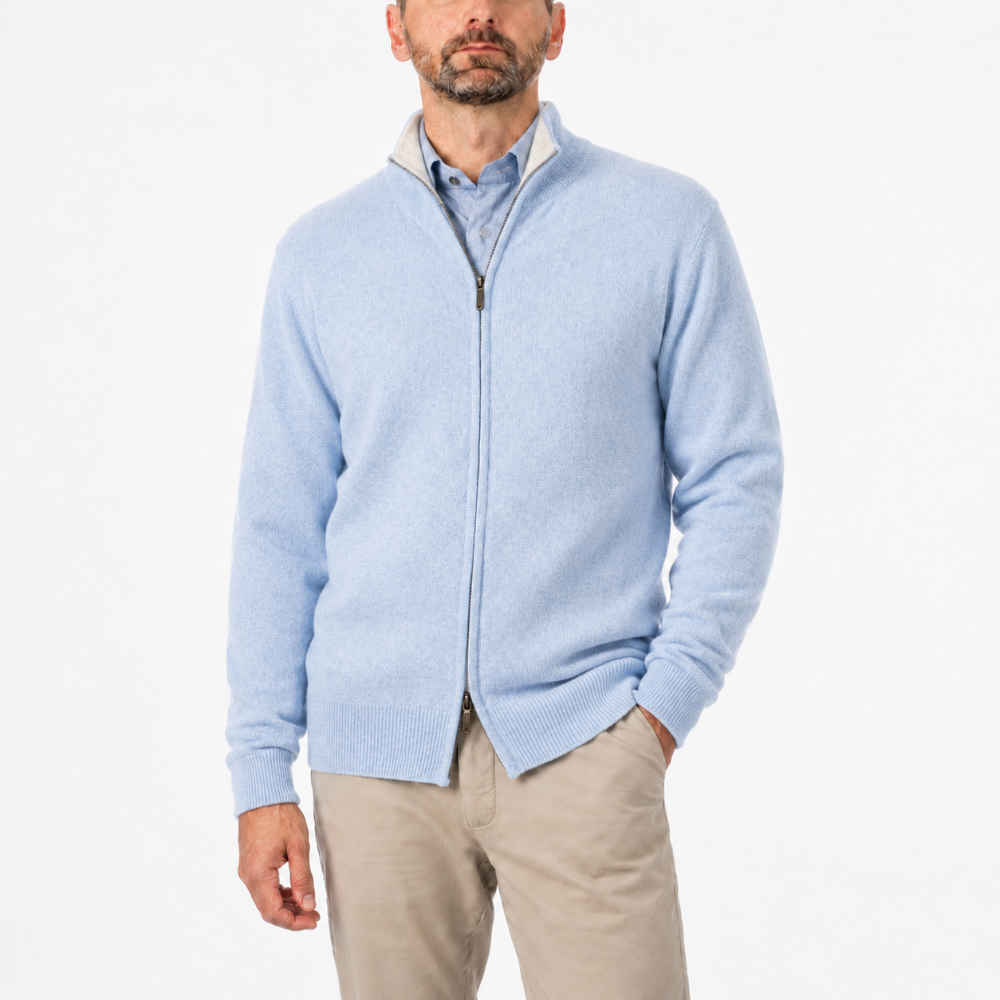 Robert Old - The Barra 4ply Full Zip Cashmere Cardigan - Atollo Blue / White Undyed CASHMERE Robert Old