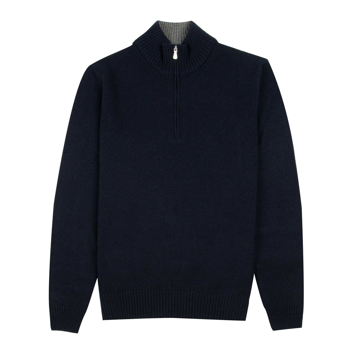 Navy Blue Contrast Virgin Wool & Cashmere Zip Neck Sweater KNITWEAR Robert Old