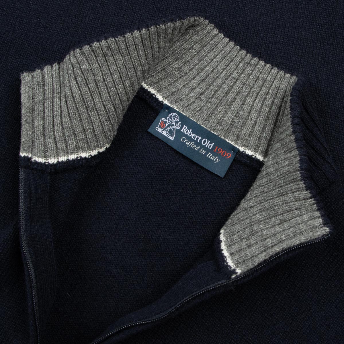 Robert Old - Navy Blue Contrast Virgin Wool & Cashmere Zip Neck Sweater KNITWEAR Robert Old