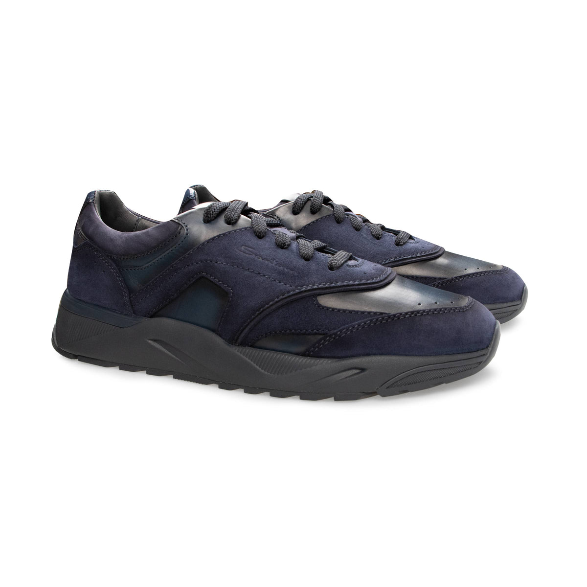 Santoni - Navy Suede & Calf Leather Sneakers SHOES Santoni