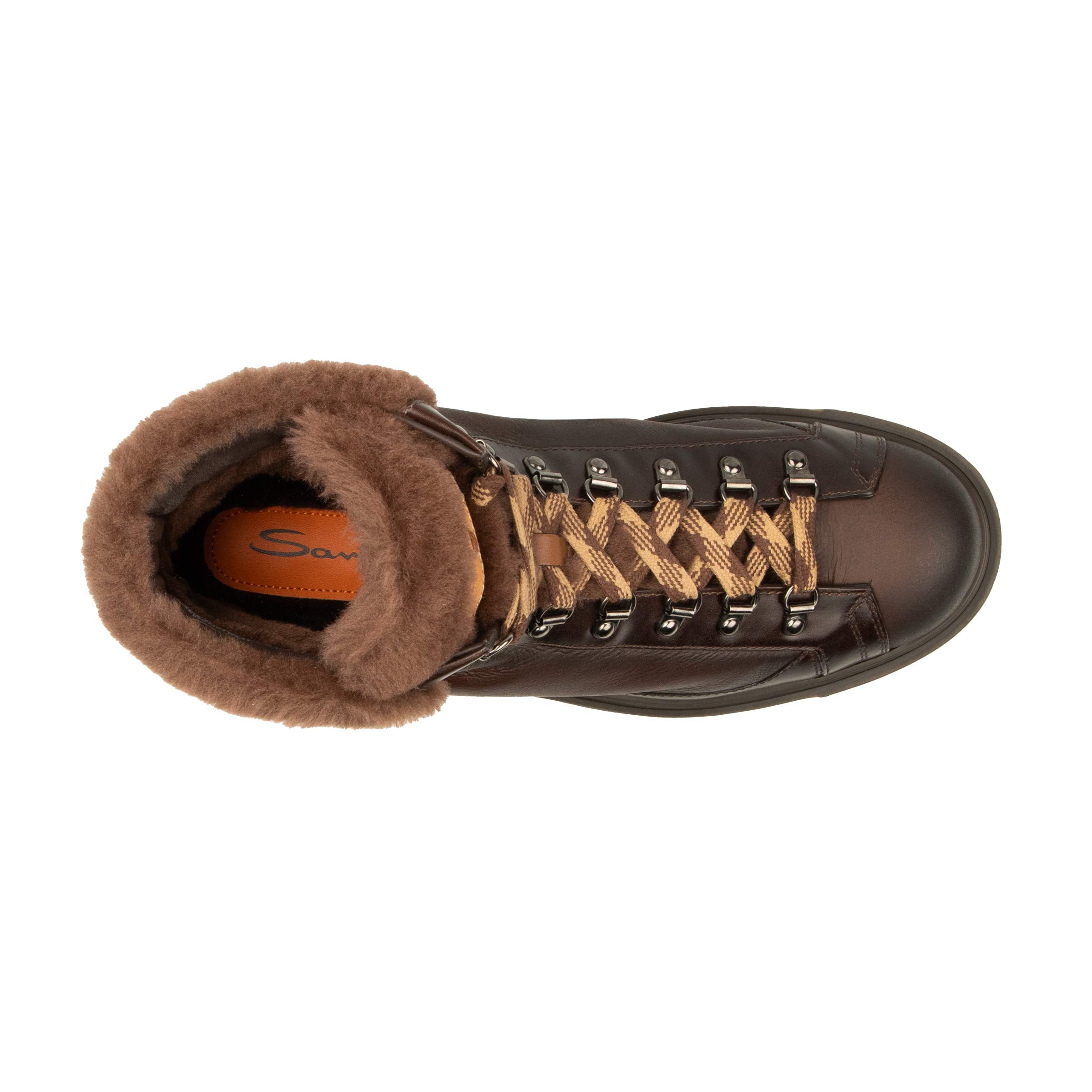 Santoni - Dark Brown Tumbled Leather Fur Lined Hiking Boot SHOES Santoni