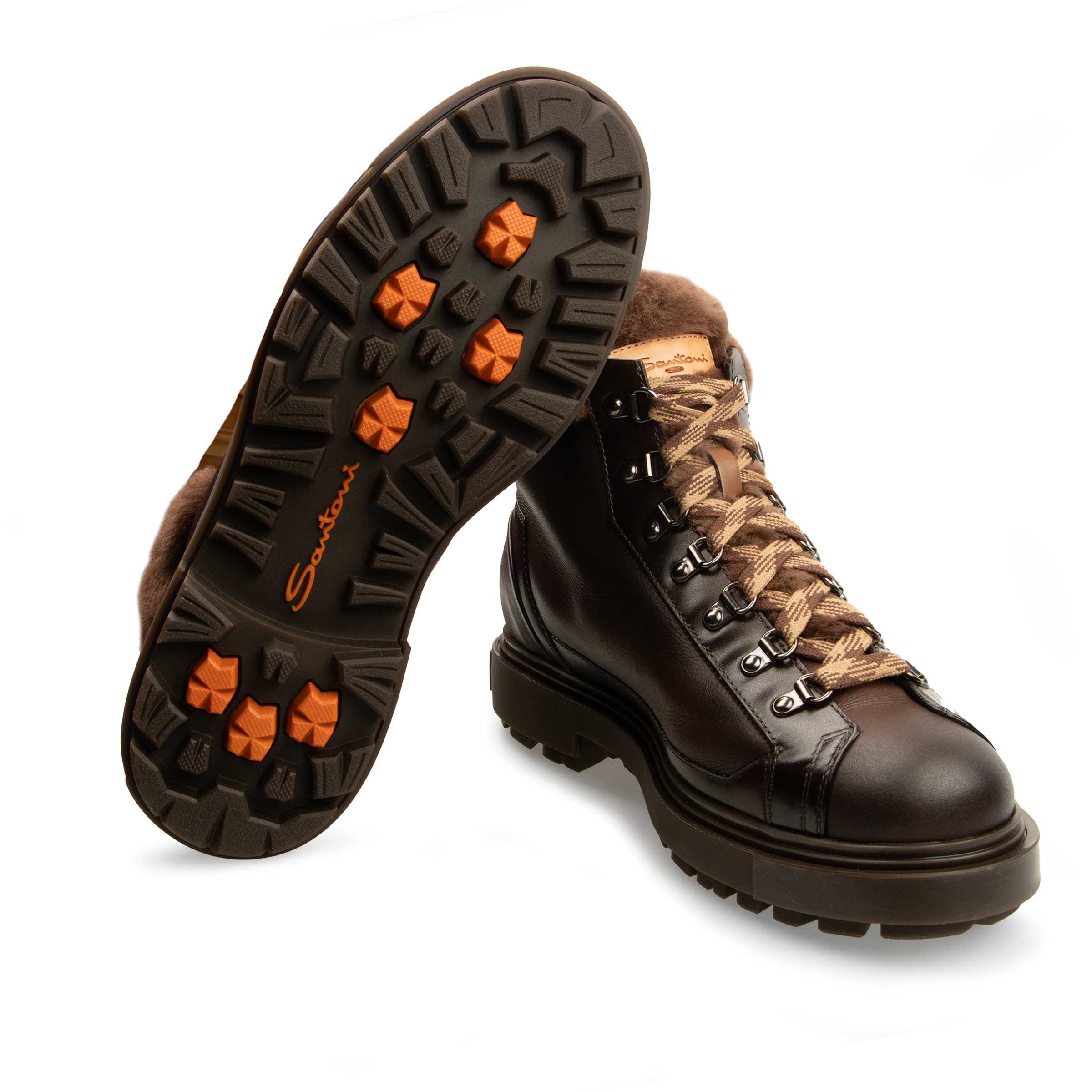 Santoni - Dark Brown Tumbled Leather Fur Lined Hiking Boot SHOES Santoni