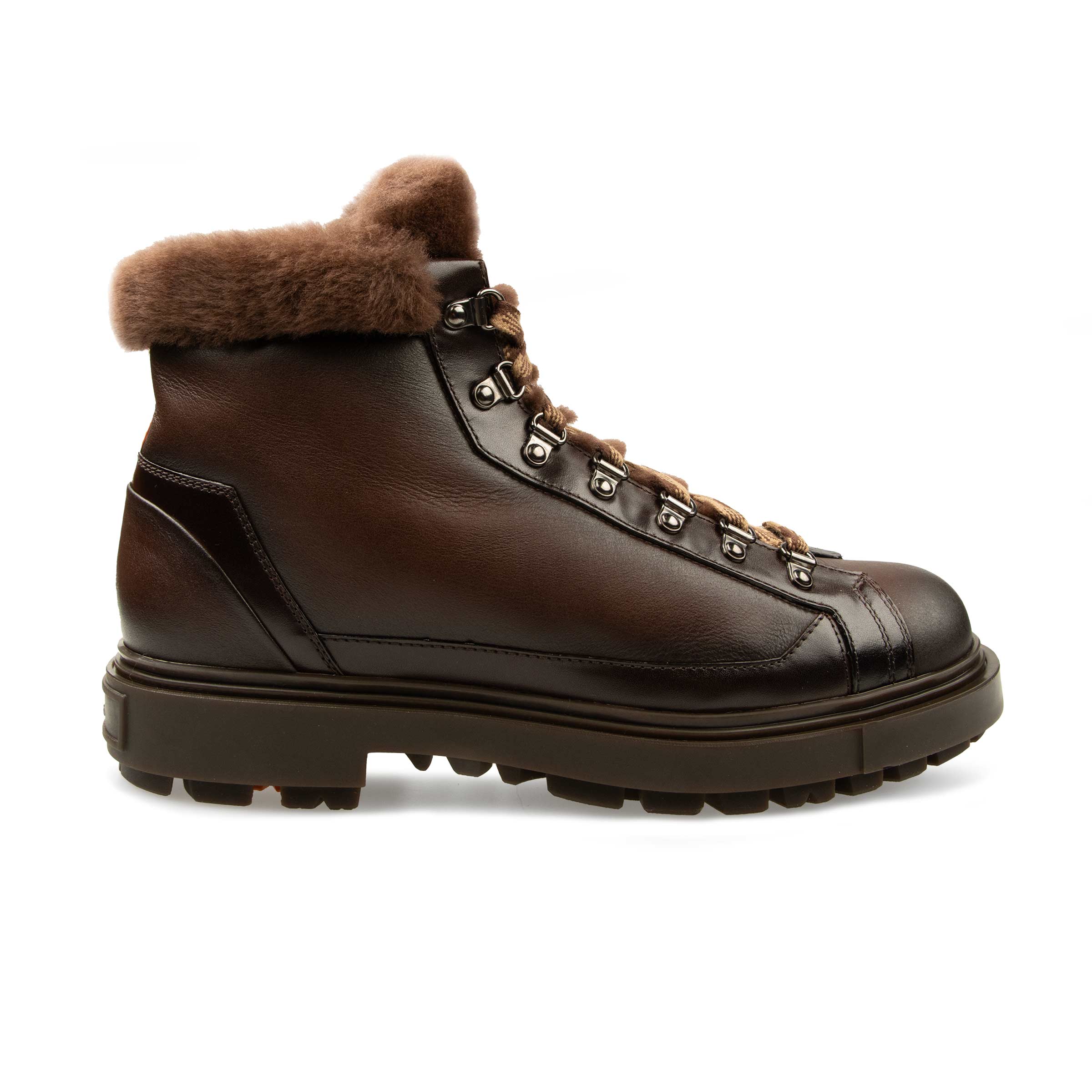 Santoni - Dark Brown Tumbled Leather Fur Lined Hiking Boot SHOES Santoni