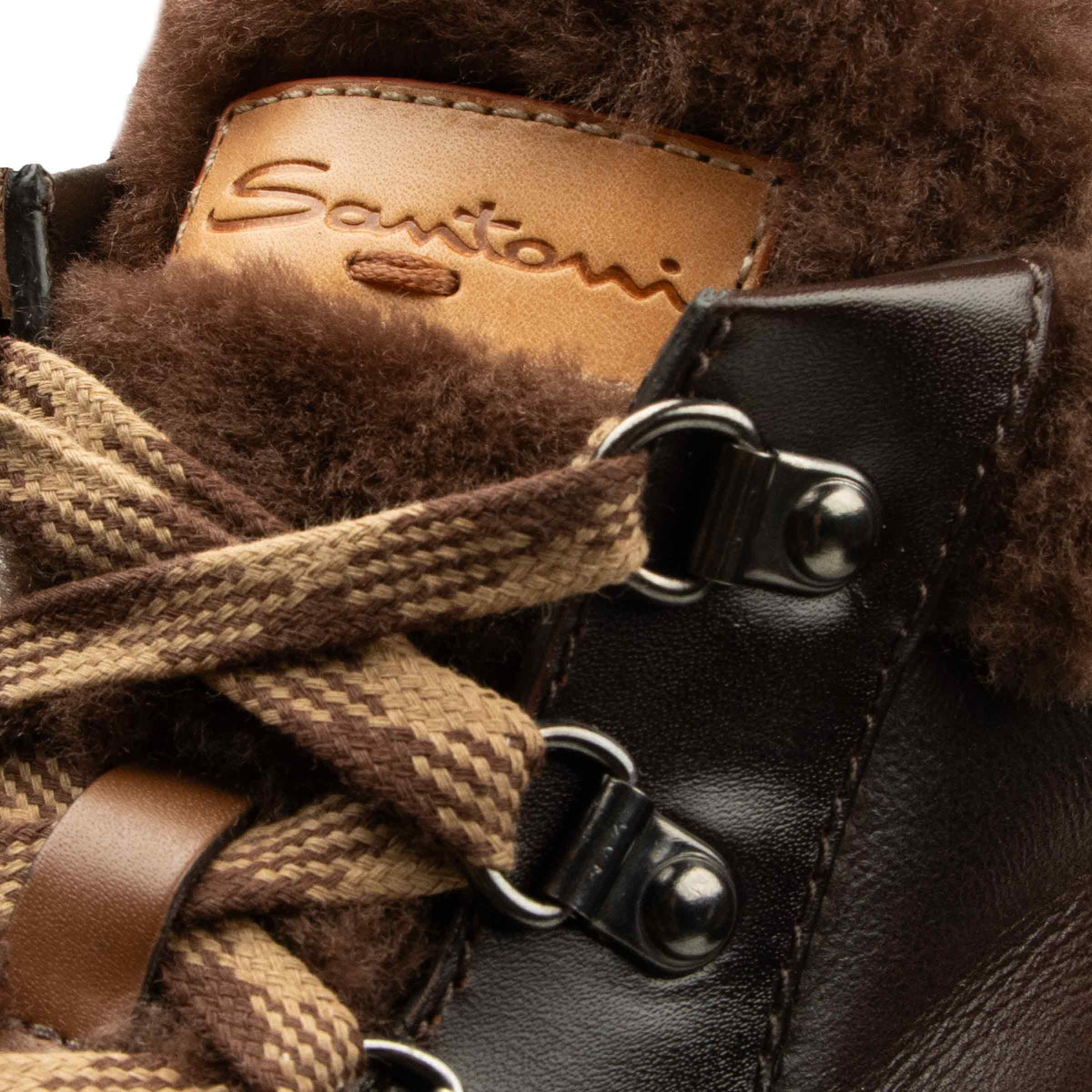 Santoni - Dark Brown Tumbled Leather Fur Lined Hiking Boot SHOES Santoni