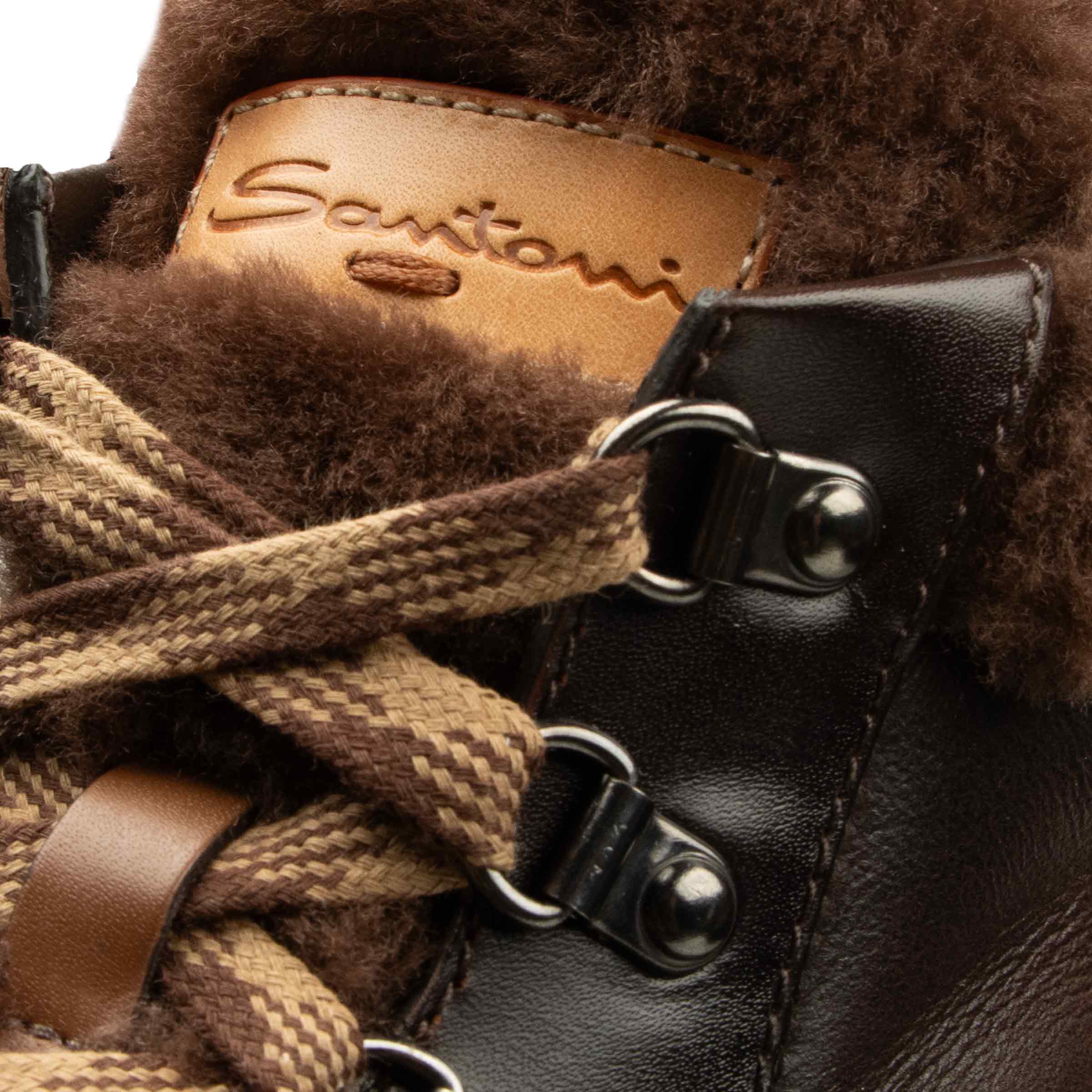 Santoni - Dark Brown Tumbled Leather Fur Lined Hiking Boot SHOES Santoni