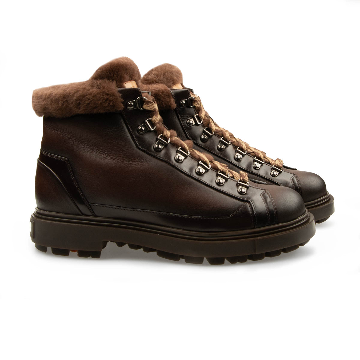Santoni - Dark Brown Tumbled Leather Fur Lined Hiking Boot 