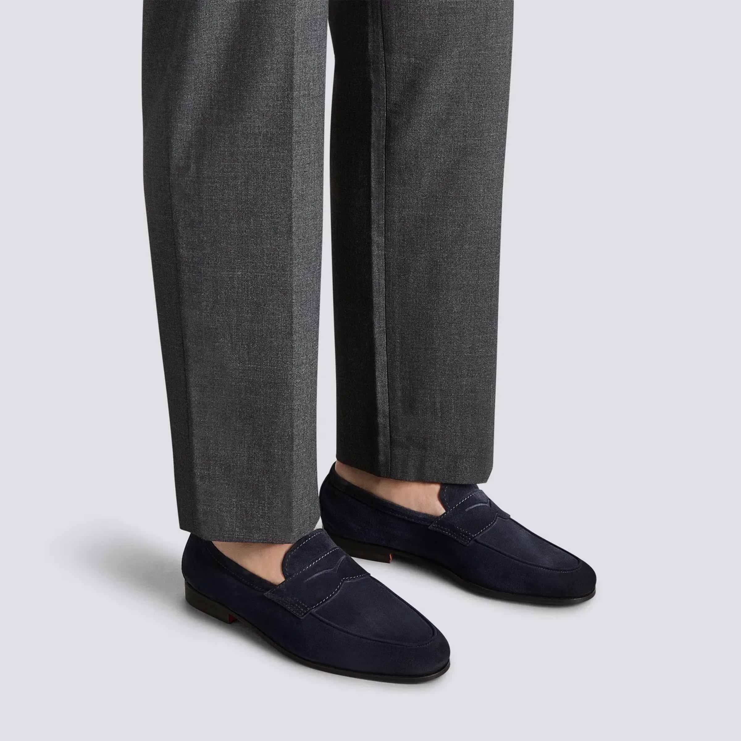 Santoni - Navy Blue Suede Carlo Loafer SHOES Santoni