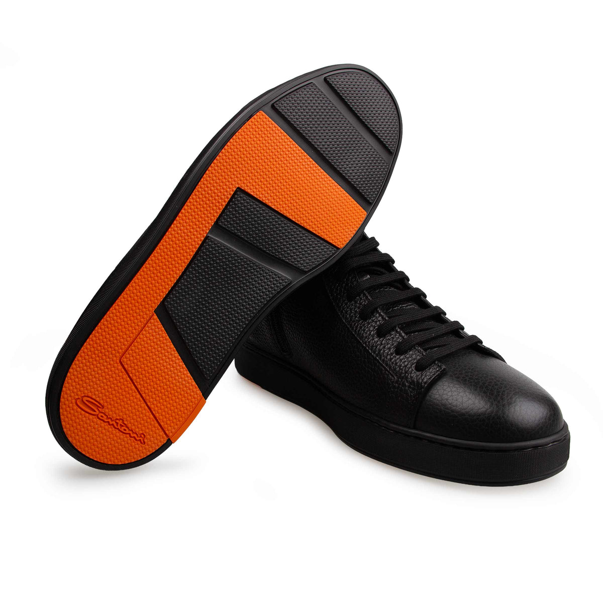 Black Tumbled Leather High-Top Sneakers SHOES Santoni