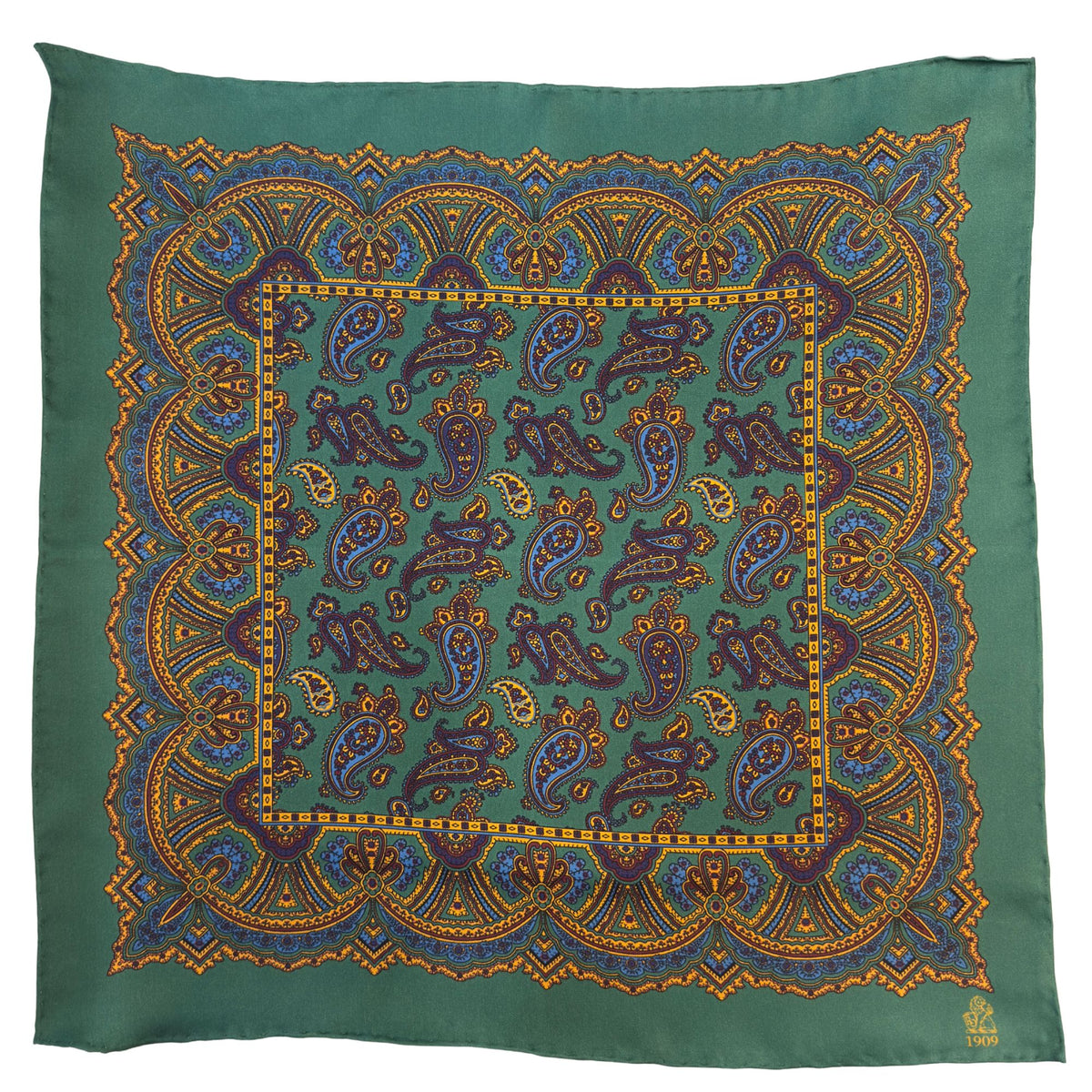 Hand rolled 16" Silk Handkerchief - Green Paisley HANDKERCHIEFS Robert Old