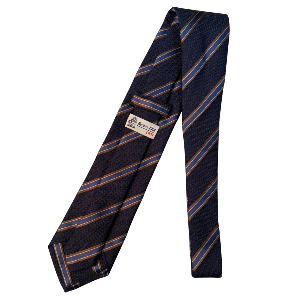 Italian three-fold Jacquard Dark Navy &amp; Brown Bar Stripe Neck Tie TIES/CRAVATS Robert Old