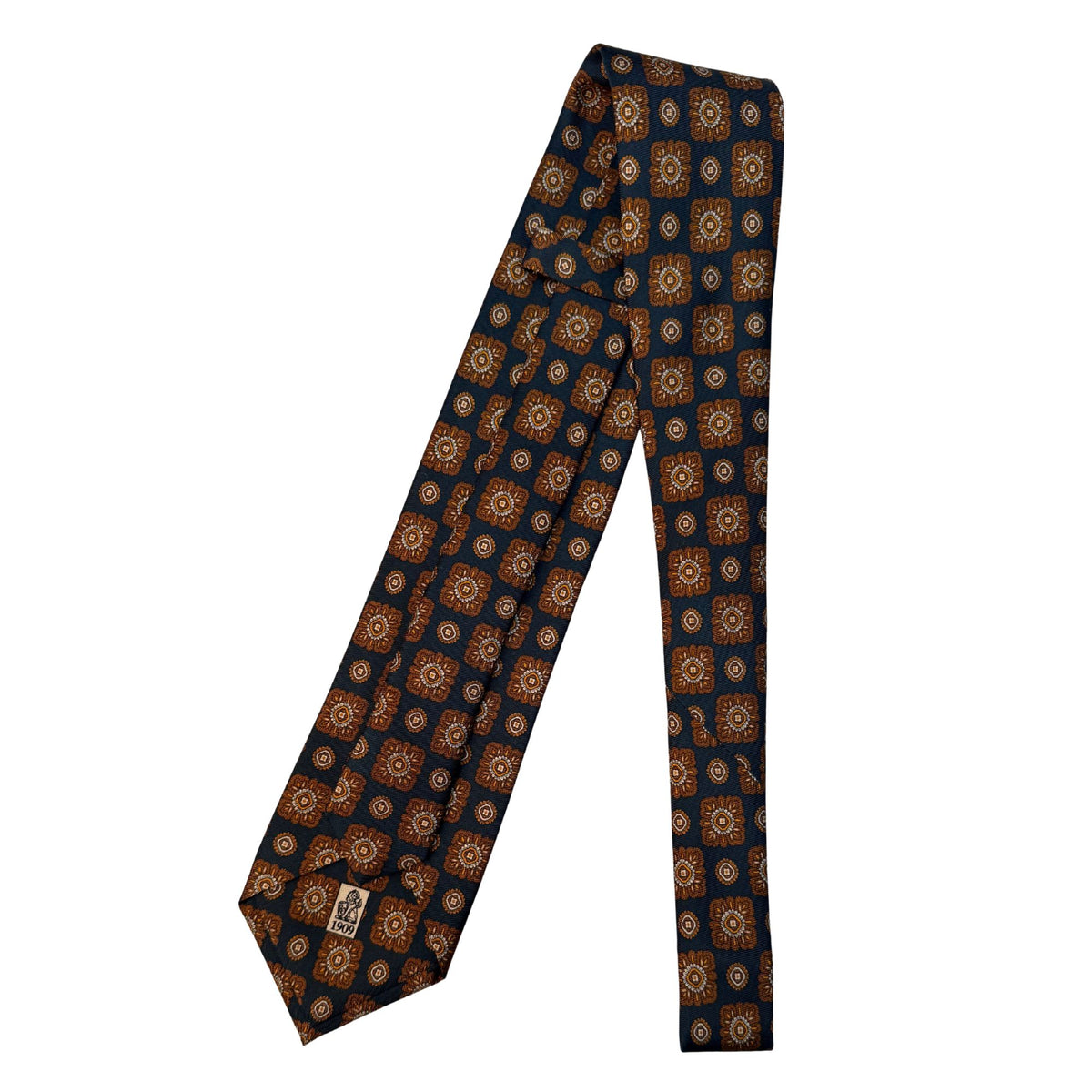 Italian Petrol &amp; Brown Print Seven Fold 100% Silk Tie TIES/CRAVATS Robert Old