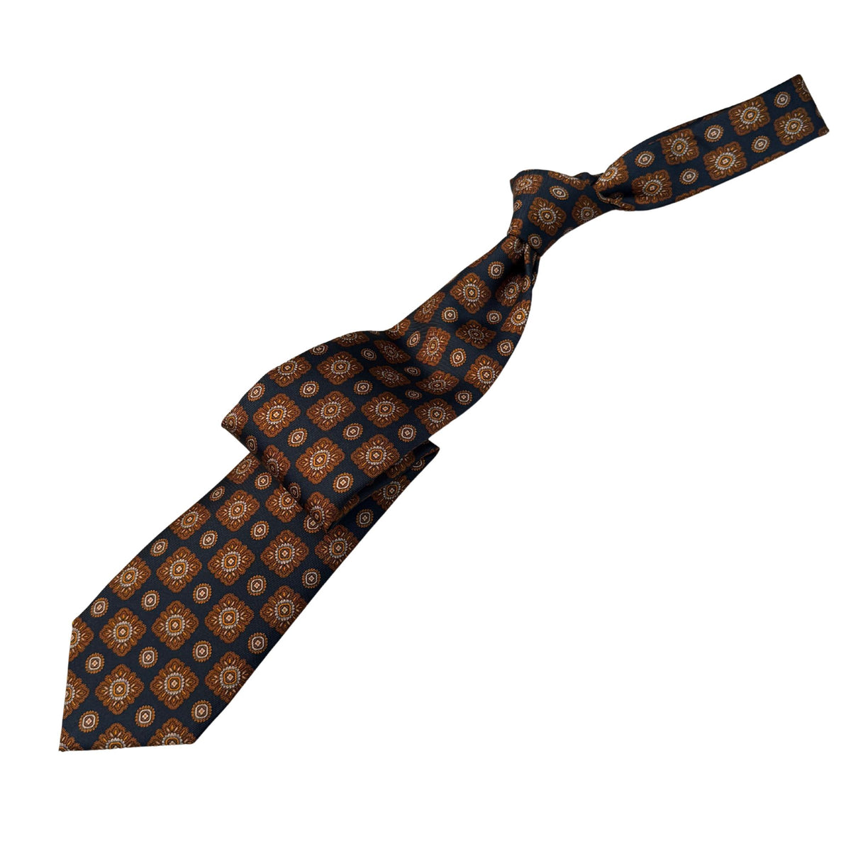 Italian Petrol & Brown Print Seven Fold 100% Silk Tie TIES/CRAVATS Robert Old