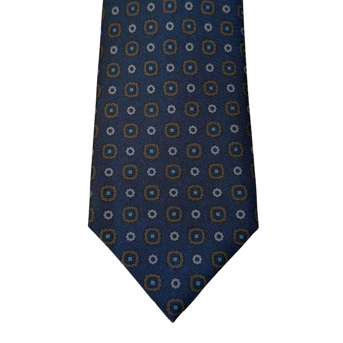 Italian Navy Blue Geometric Circles Print Seven Fold 100% Silk Tie TIES/CRAVATS Robert Old