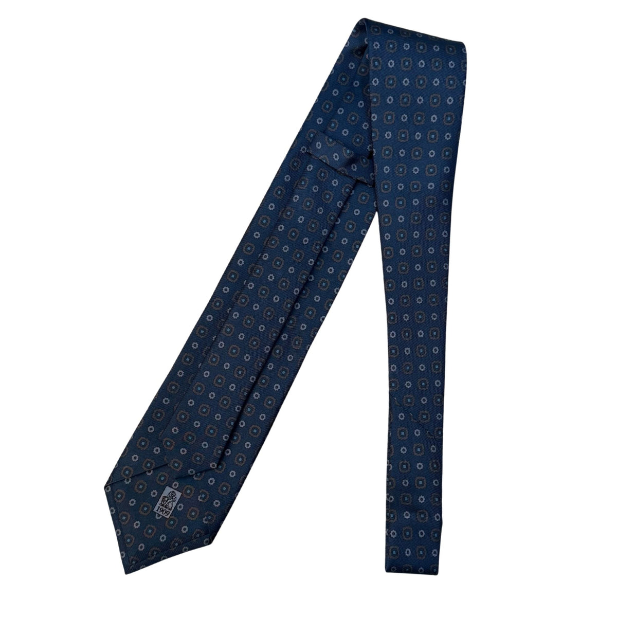 Italian Navy Blue Geometric Circles Print Seven Fold 100% Silk Tie TIES/CRAVATS Robert Old