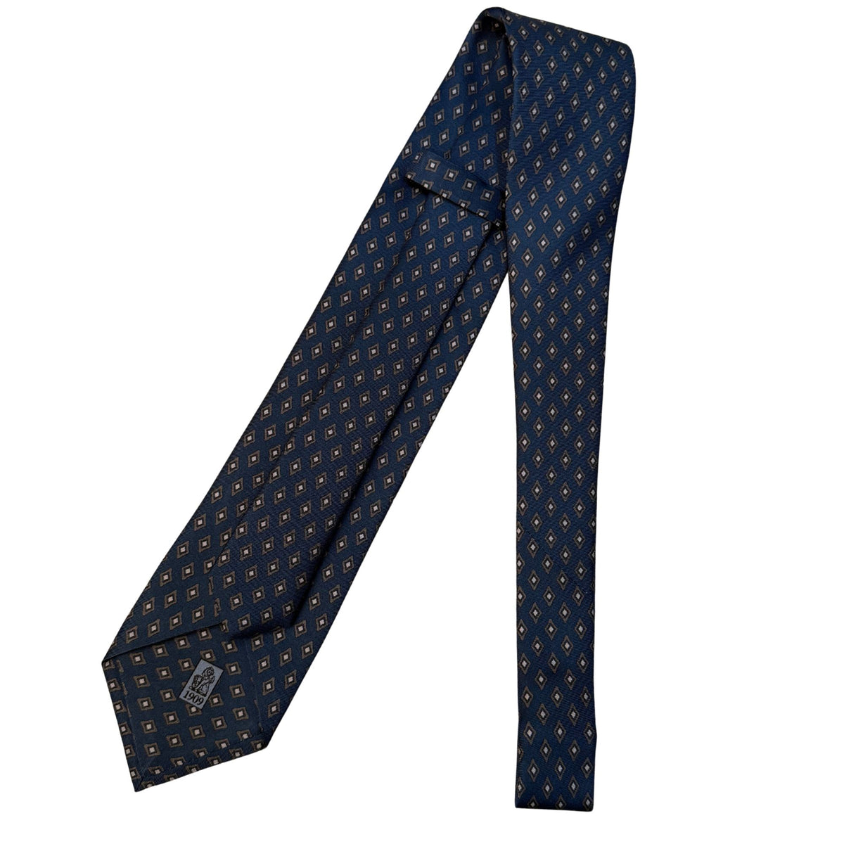 Italian Navy &amp; Grey Geometric Print Seven Fold 100% Silk Tie TIES/CRAVATS Robert Old