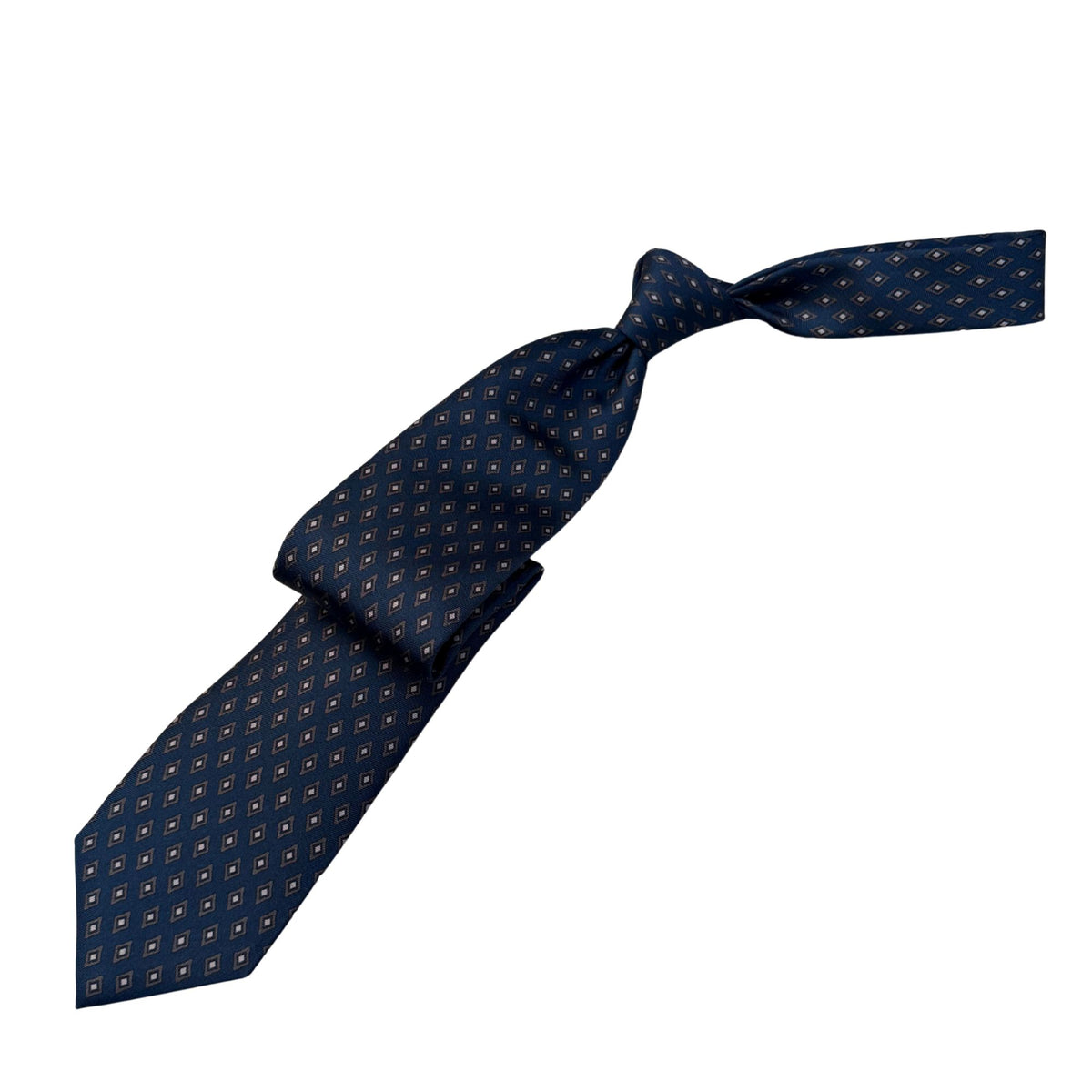 Italian Navy &amp; Grey Geometric Print Seven Fold 100% Silk Tie TIES/CRAVATS Robert Old