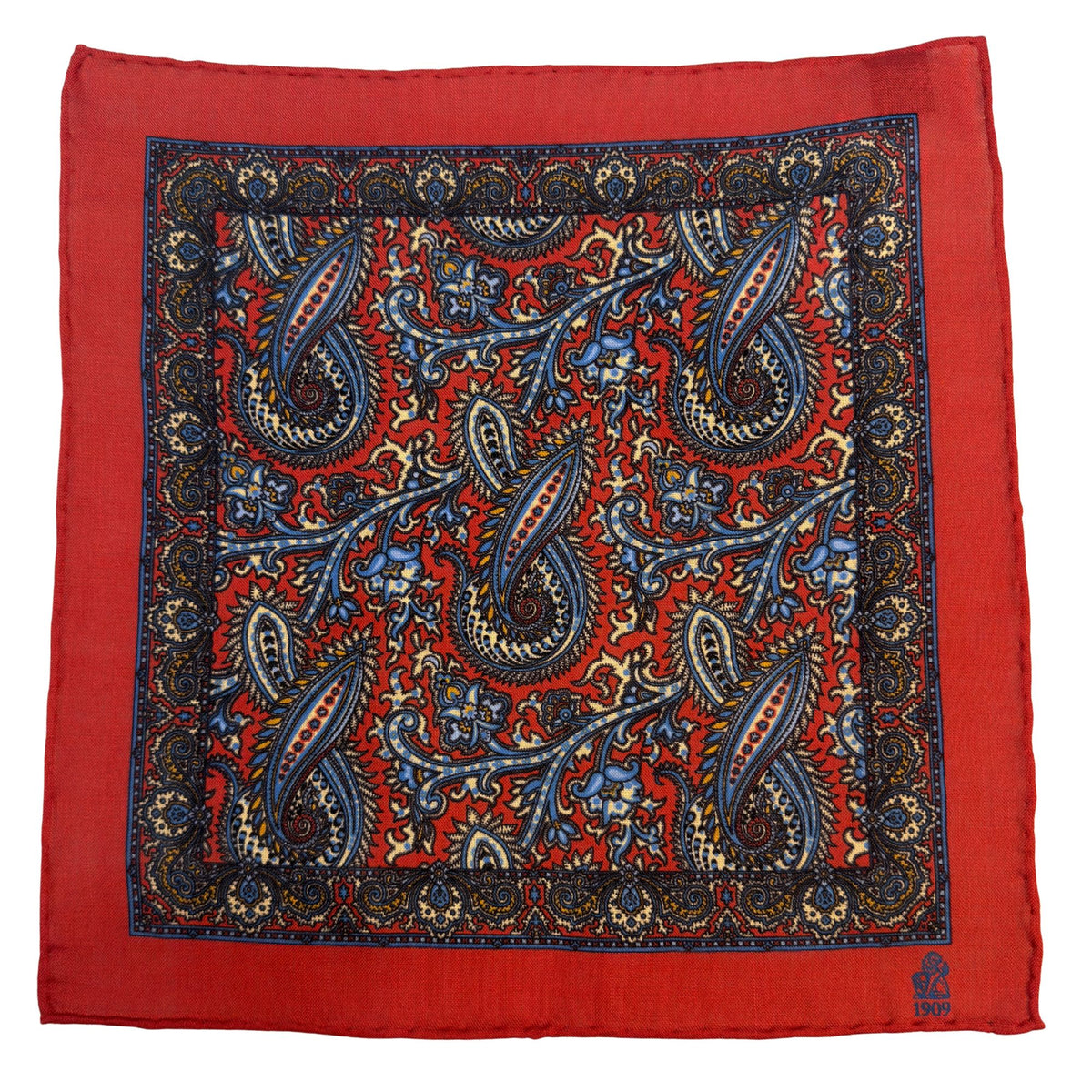 Hand rolled 12" Wool & Silk Handkerchief - Red Print HANDKERCHIEFS Robert Old