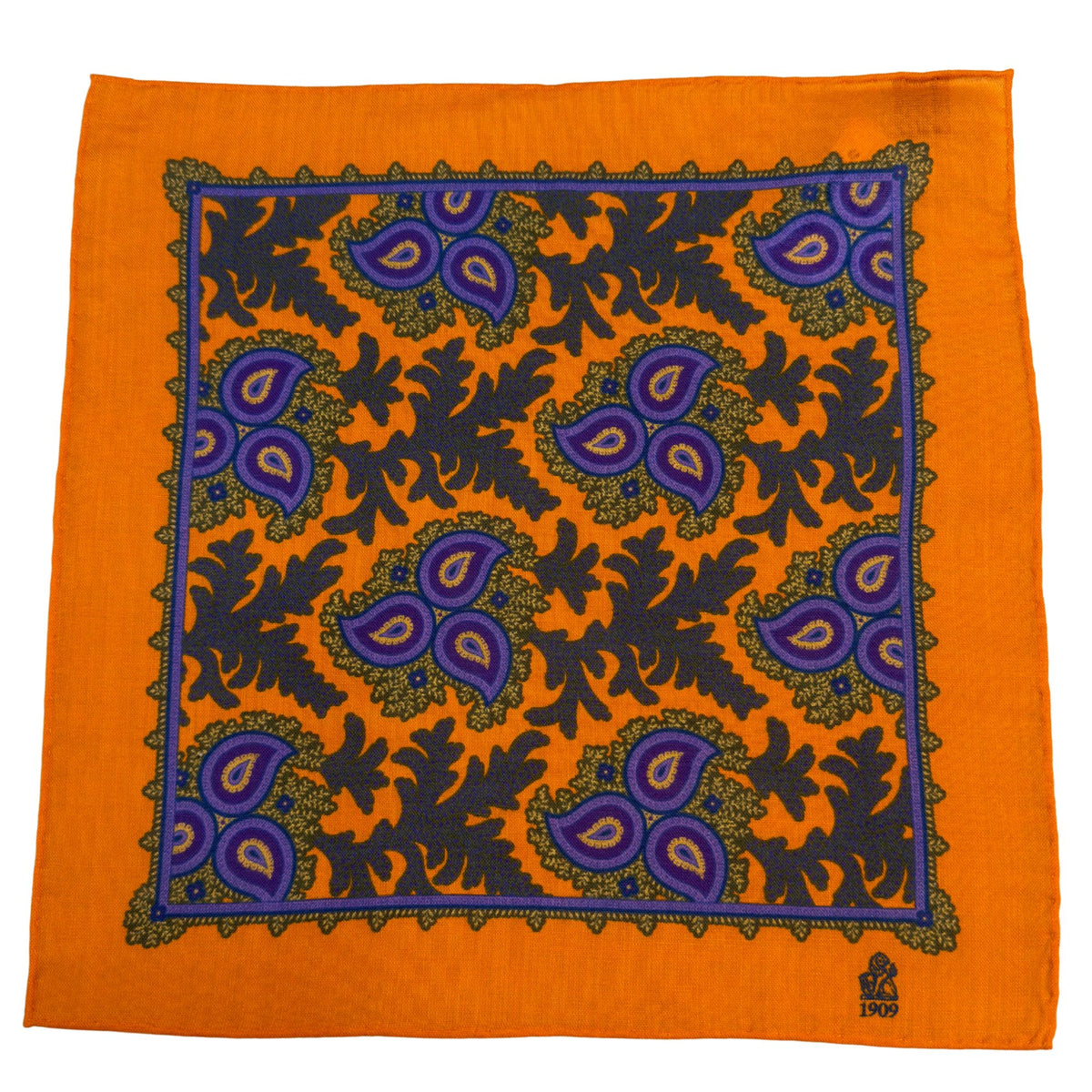 Hand rolled 12" Wool & Silk Handkerchief - Orange Print HANDKERCHIEFS Robert Old