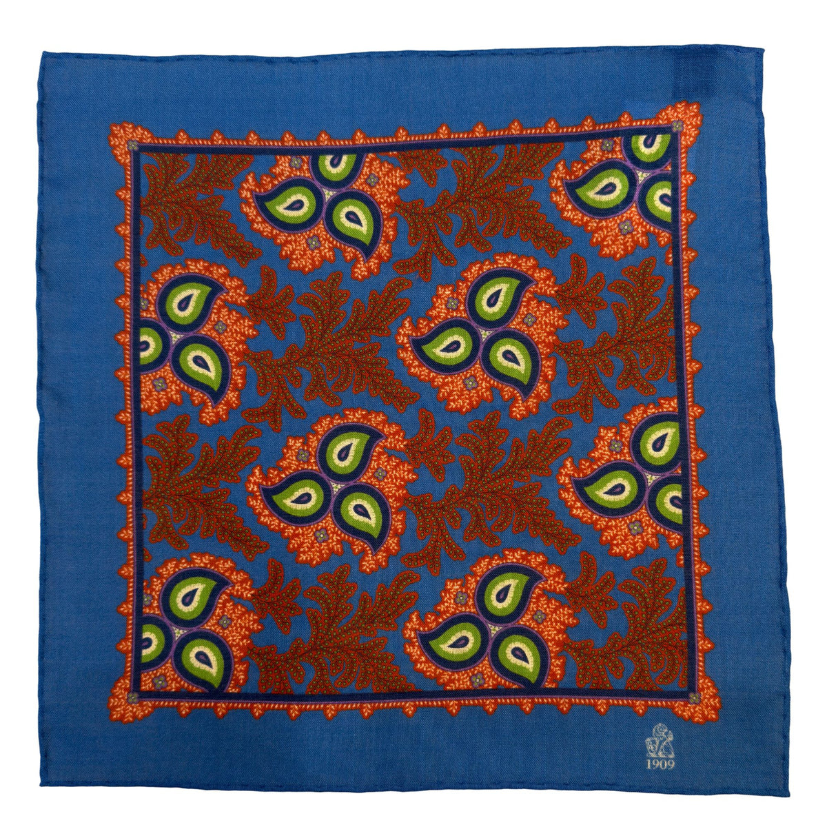 Hand rolled 12" Wool & Silk Handkerchief - Royal Blue Print HANDKERCHIEFS Robert Old
