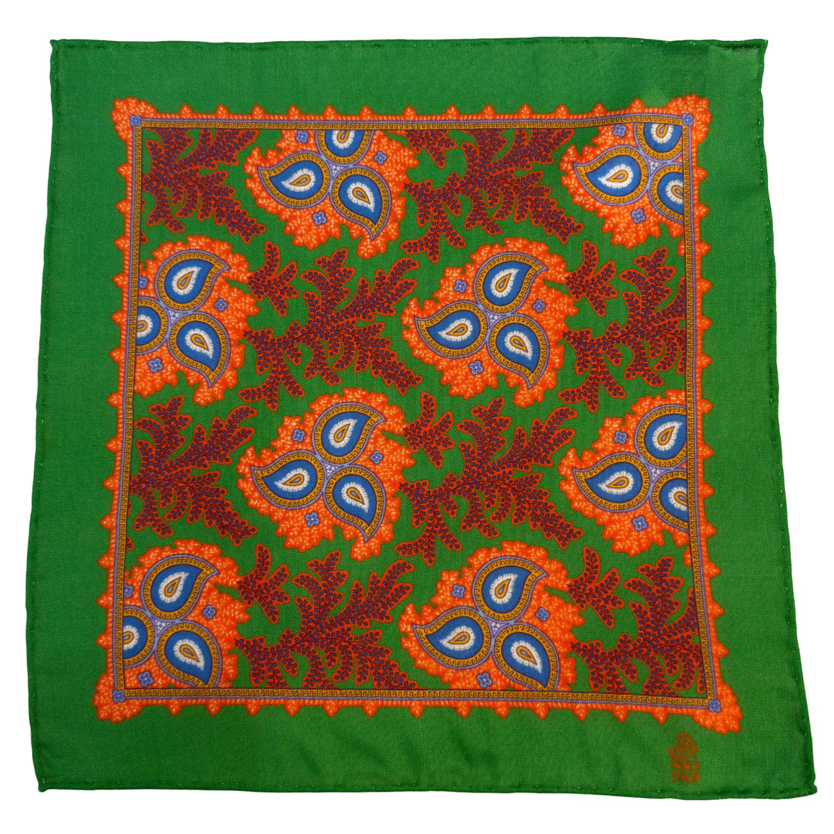 Hand rolled 12" Wool & Silk Handkerchief - Green Print HANDKERCHIEFS Robert Old
