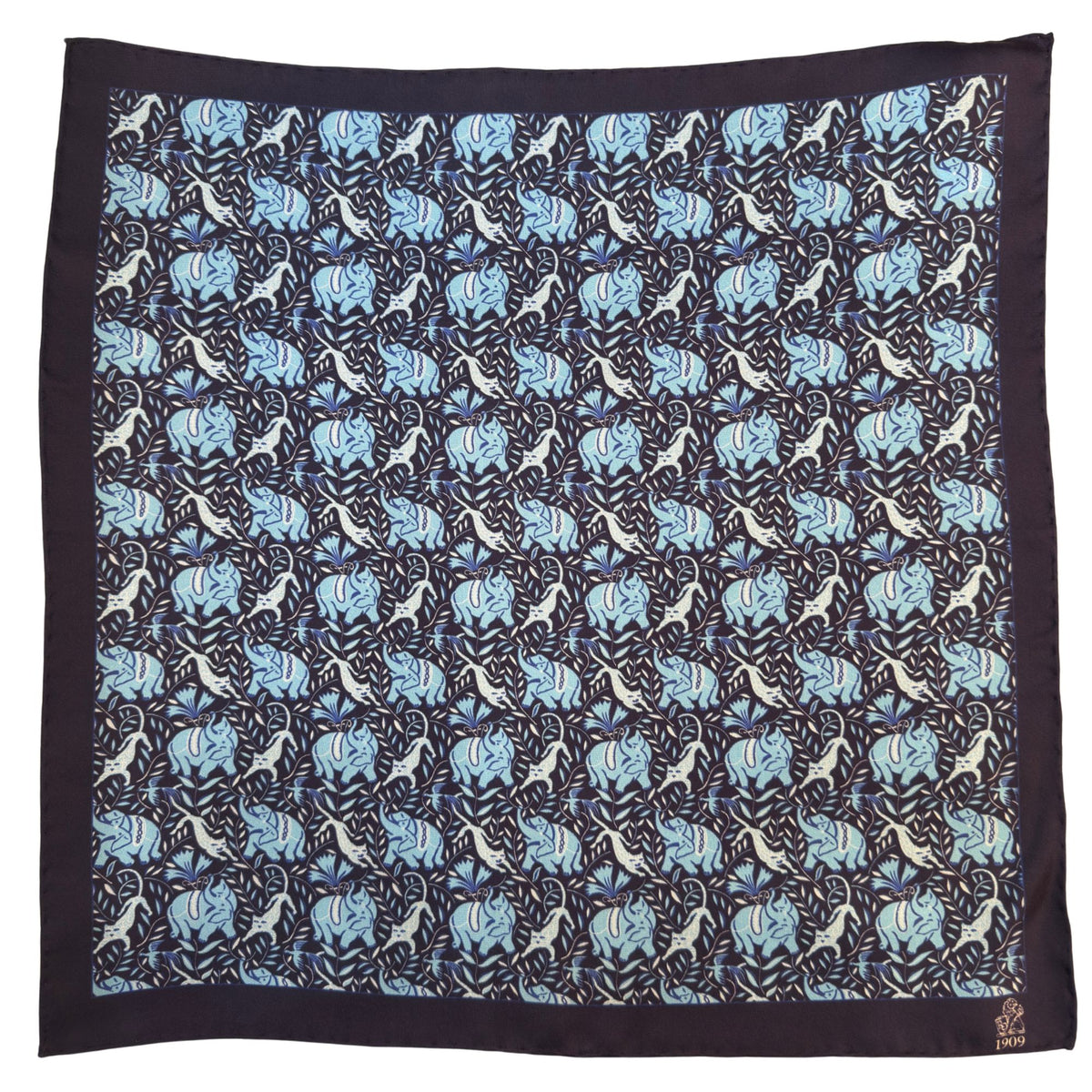 Hand rolled 16" Silk Handkerchief - Blue Elephants HANDKERCHIEFS Robert Old