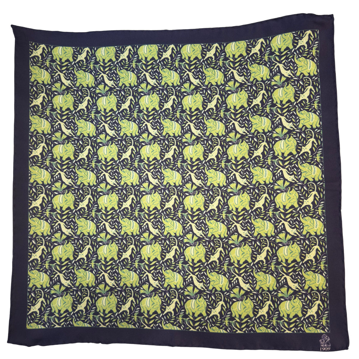 Hand rolled 16" Silk Handkerchief - Green Elephants HANDKERCHIEFS Robert Old