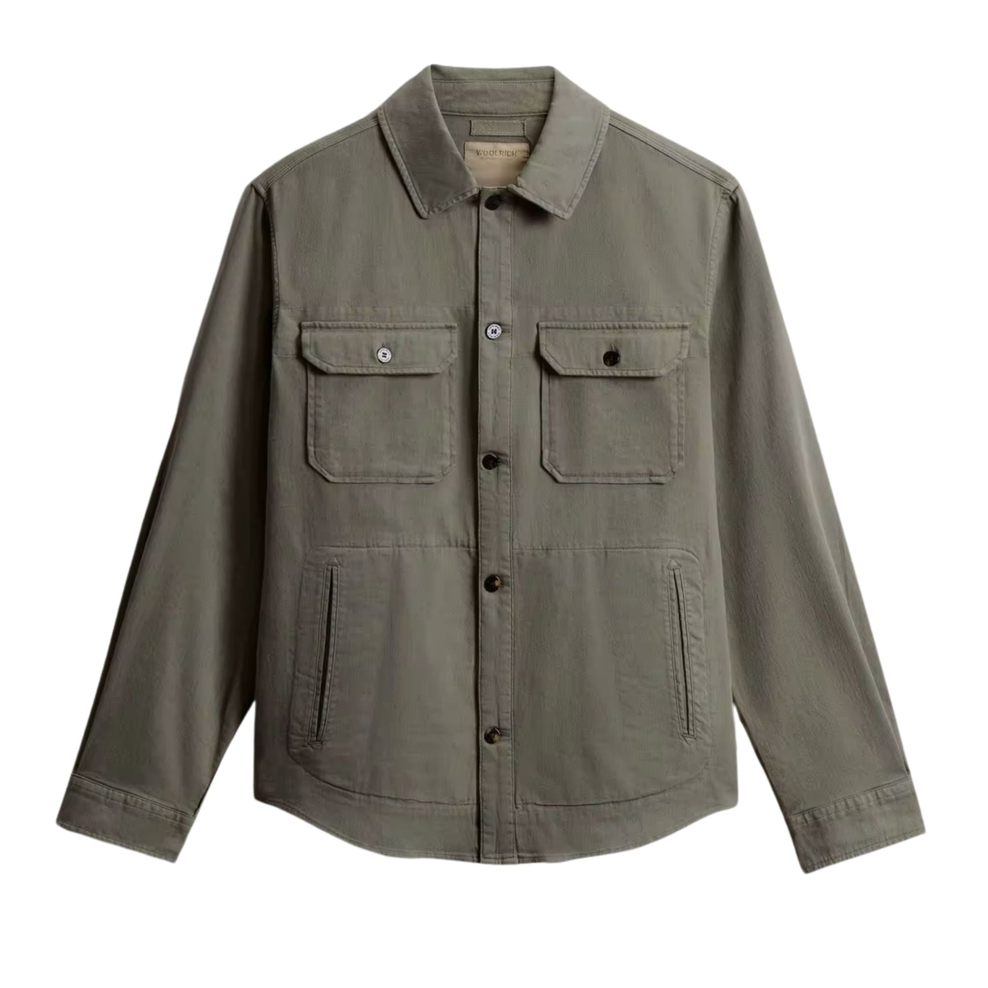 Woolrich - Smokey Olive Garment-Dyed Safari Overshirt in Cotton and Linen Blend L/S SHIRTS WOOLRICH