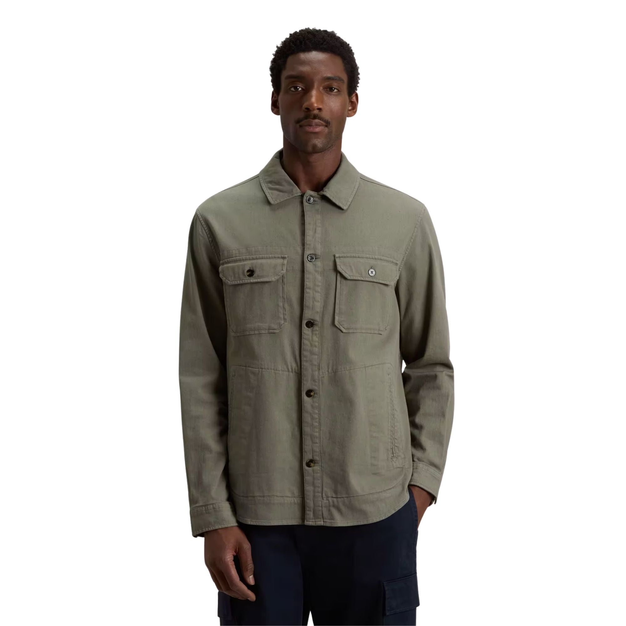 Woolrich - Smokey Olive Garment-Dyed Safari Overshirt in Cotton and Linen Blend L/S SHIRTS WOOLRICH