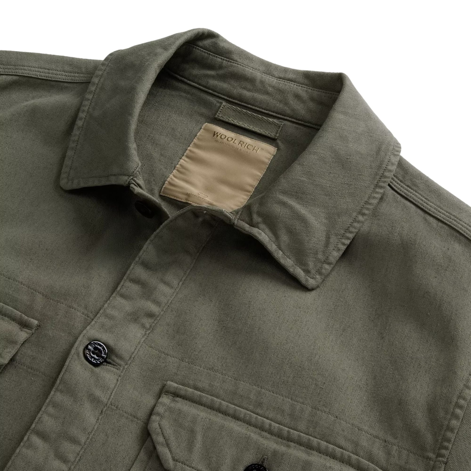 Woolrich - Smokey Olive Garment-Dyed Safari Overshirt in Cotton and Linen Blend L/S SHIRTS WOOLRICH