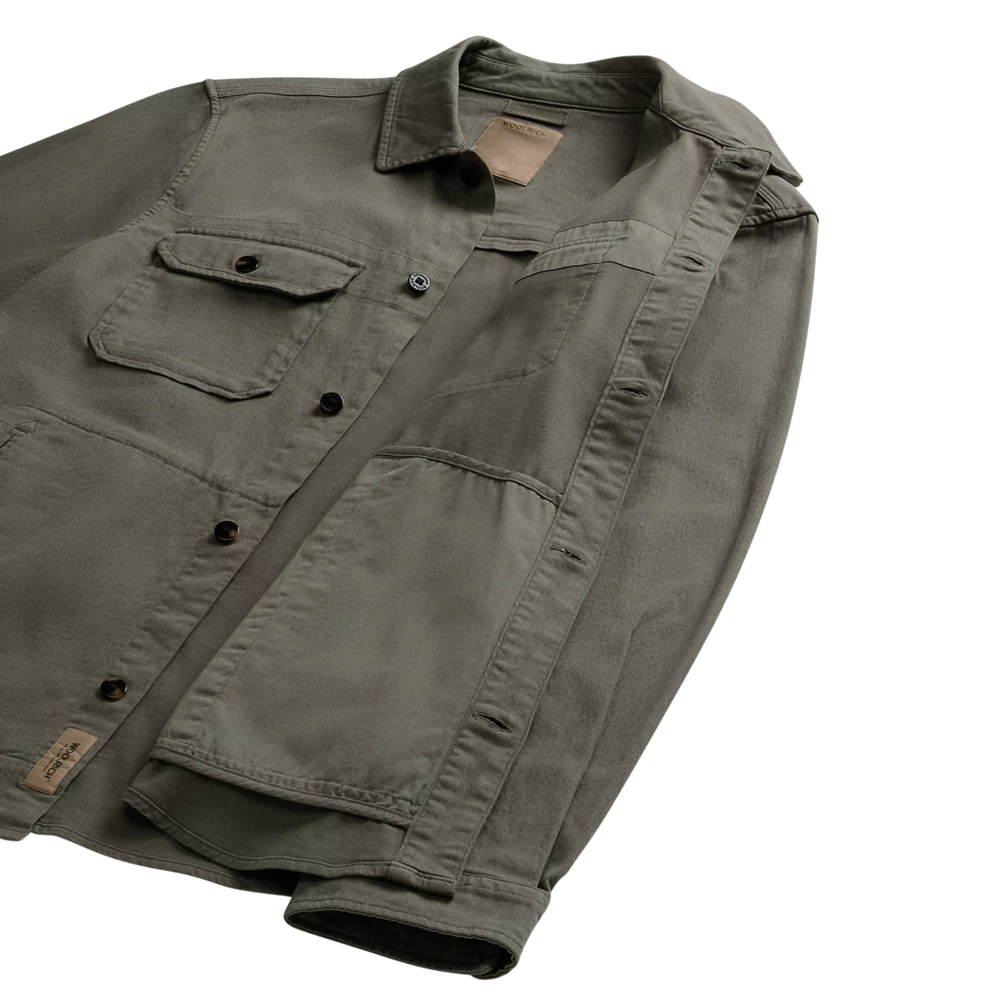 Woolrich - Smokey Olive Garment-Dyed Safari Overshirt in Cotton and Linen Blend L/S SHIRTS WOOLRICH