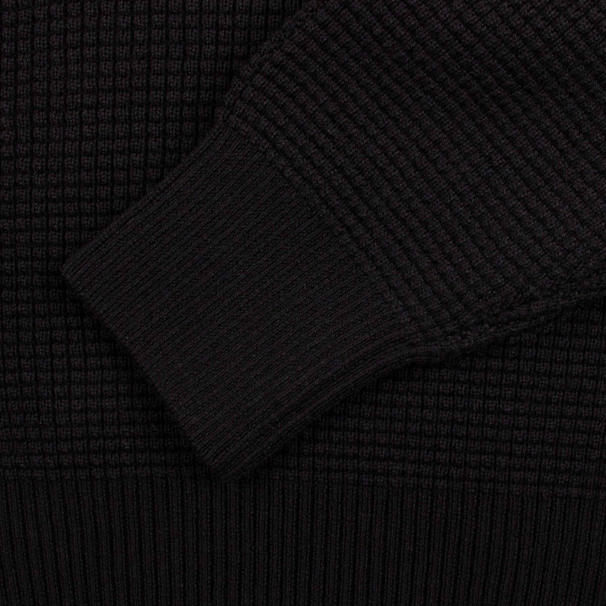 Black Italian Waffle Knit Cotton Long Sleeve Polo Shirt