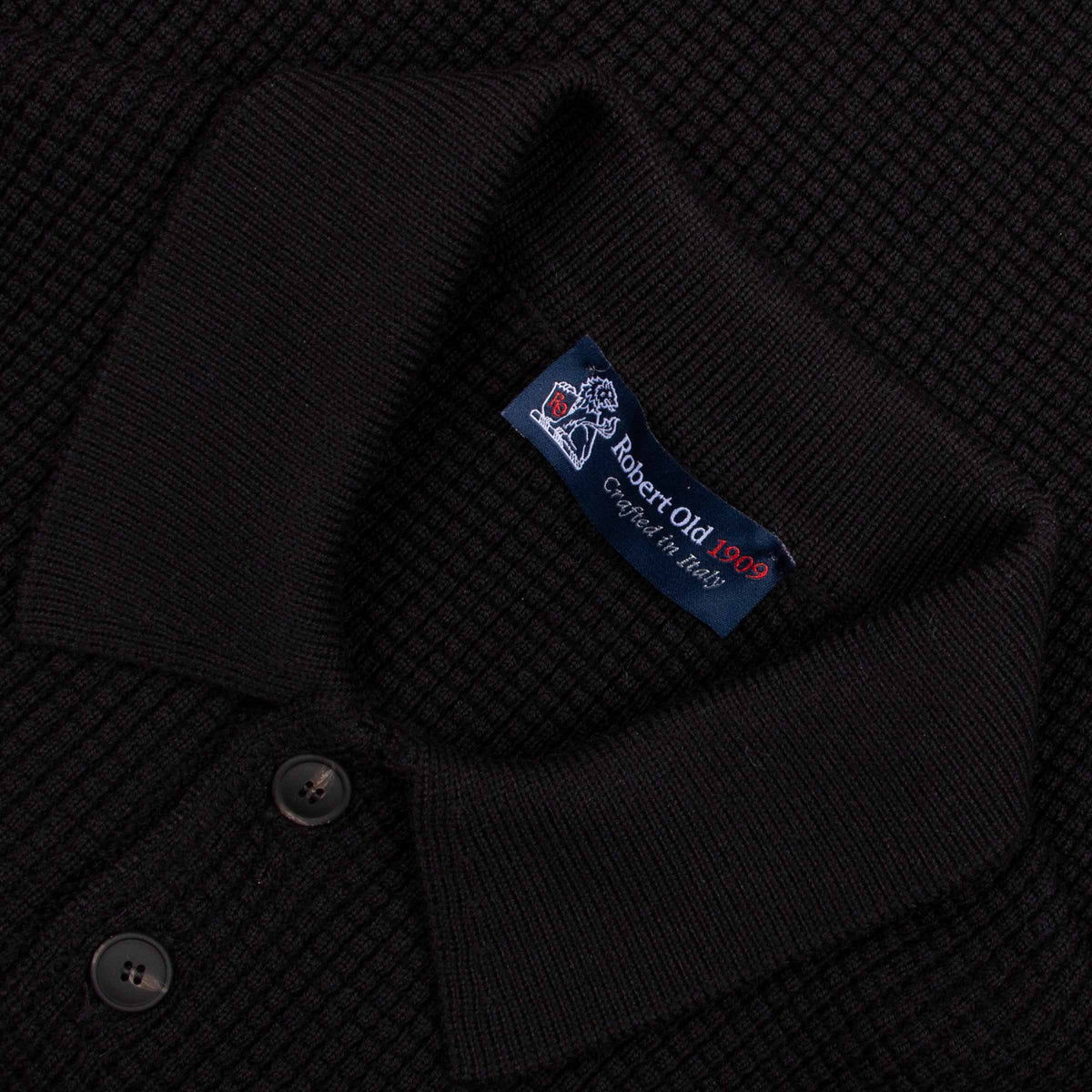 Black Italian Waffle Knit Cotton Long Sleeve Polo Shirt