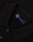 Black Italian Waffle Knit Cotton Long Sleeve Polo Shirt