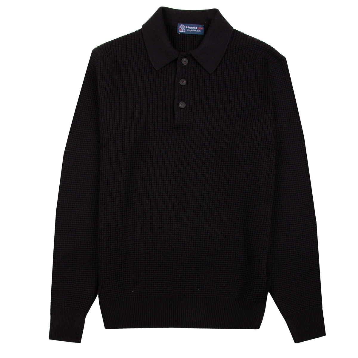 Black Italian Waffle Knit Cotton Long Sleeve Polo Shirt