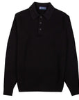 Black Italian Waffle Knit Cotton Long Sleeve Polo Shirt