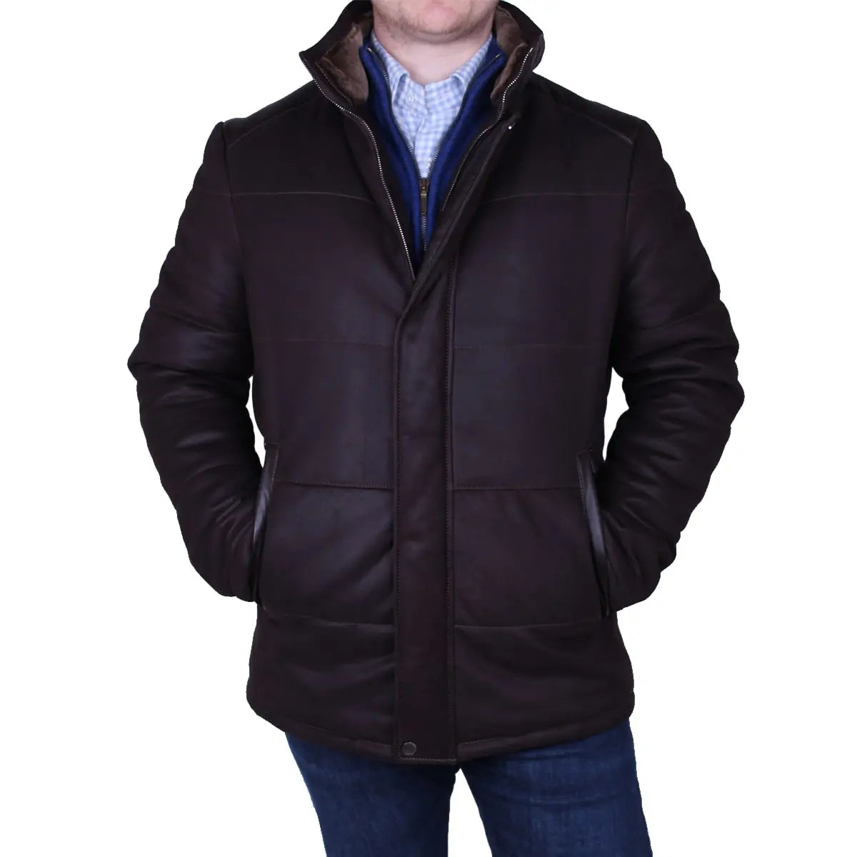 Brown Panelled Leather Hip-Length Coat LEATHERS Robert Old