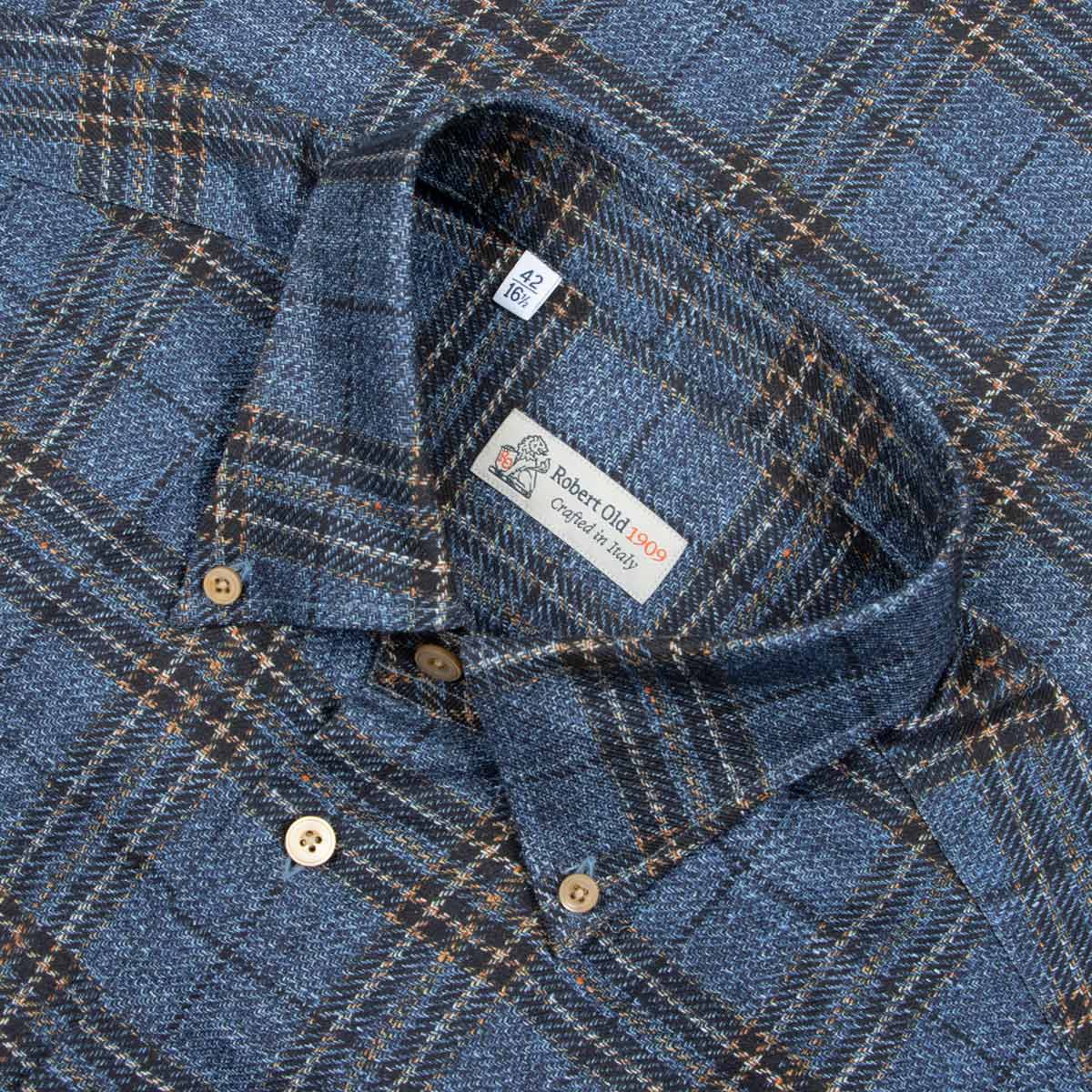Robert Old - Navy & Orange Printed Check Italian Cotton Long Sleeve Shirt L/S SHIRTS Robert Old